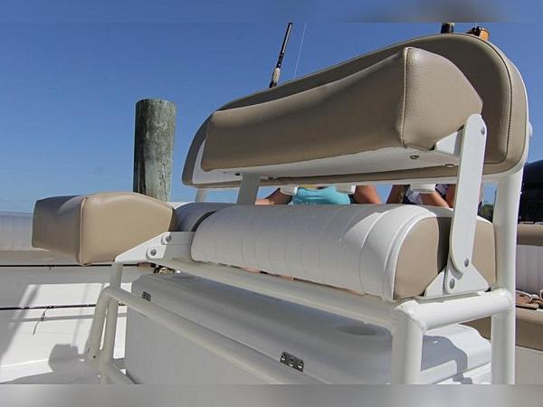 2023 Sea Born LX22 Center Console boat seating with beige cushions.