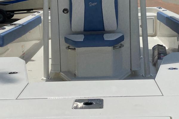 2025 Ranger 2360 Bay boat interior with blue and white seating.