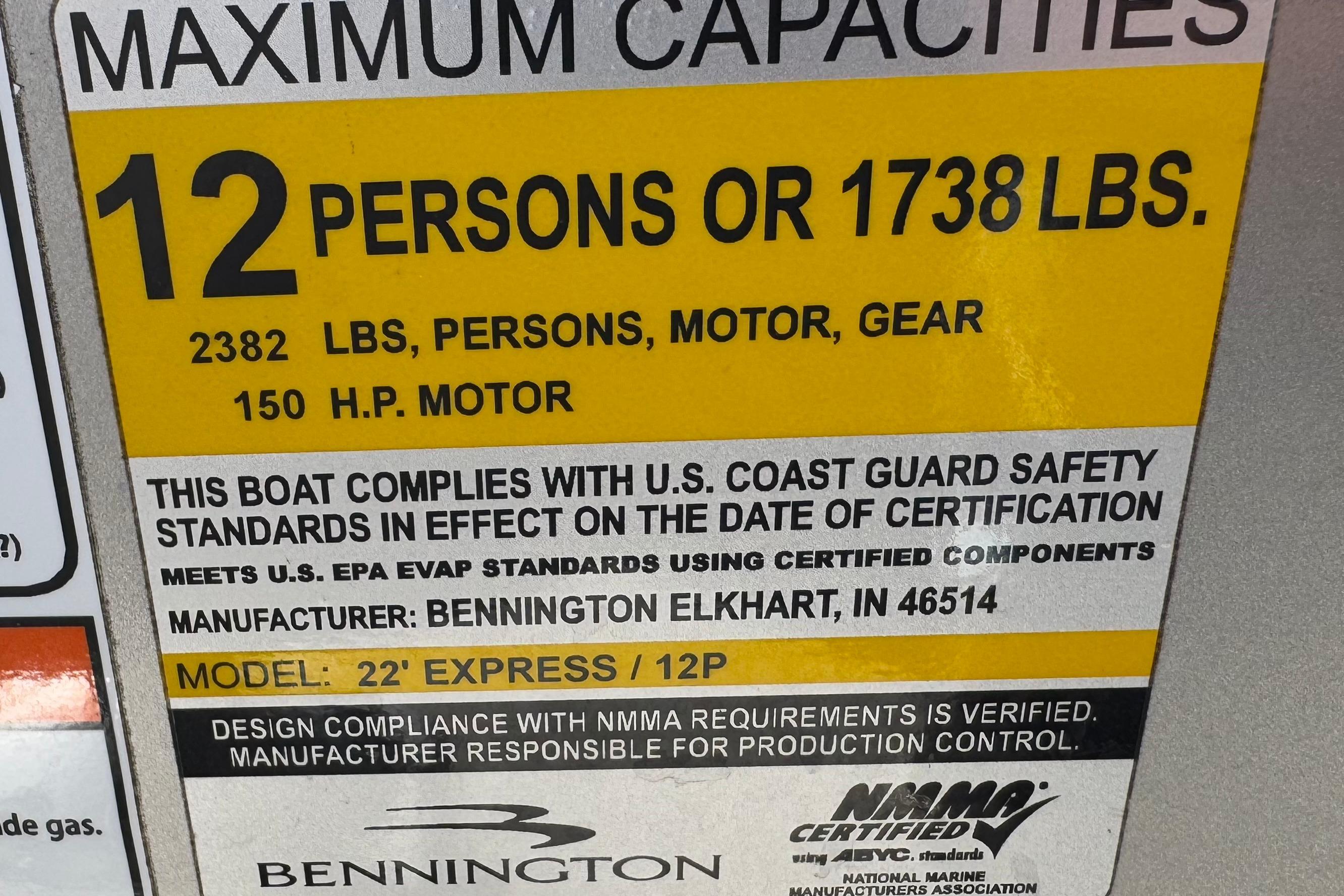 2021 Bennington 23LSR capacity label: 12 persons, 1738 lbs, 150 HP motor compliance.