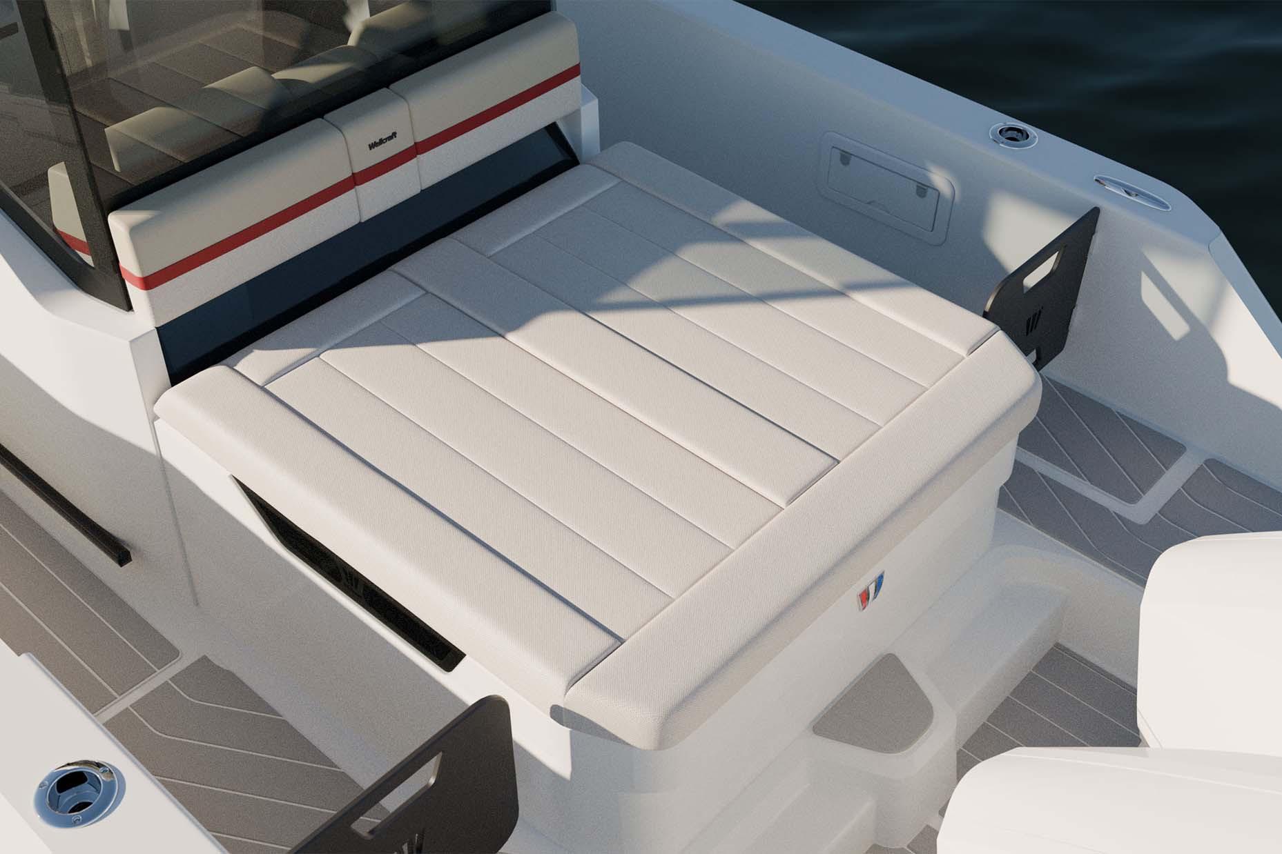 Manufacturer Provided Image: 2026 Wellcraft 28 Explorer boat interior with cushioned seating and modern design.