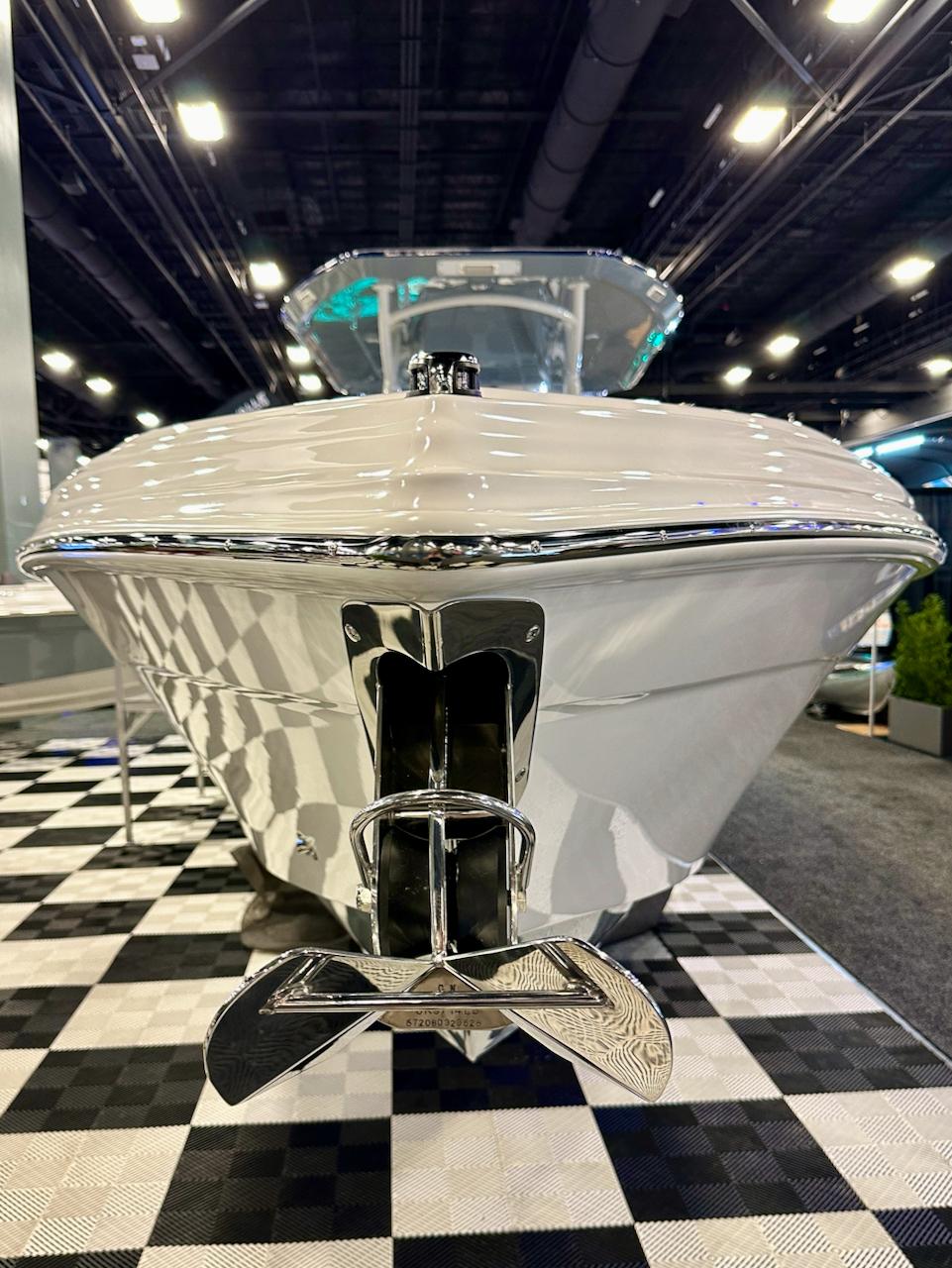 2024 Glasstream 32 GSX boat on display at an indoor exhibition.