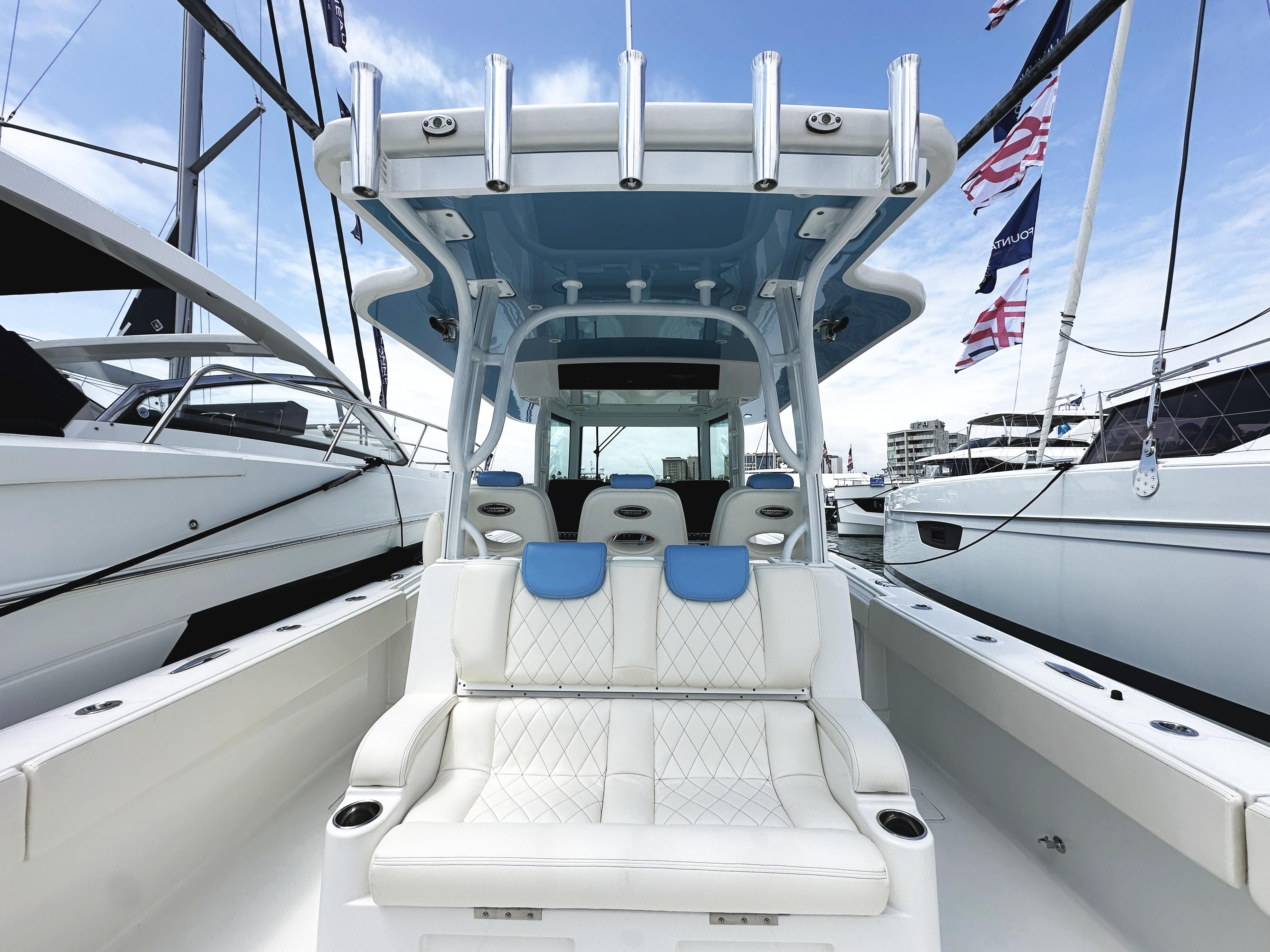 2018 HCB 39 Speciale boat interior with luxurious seating and modern design.