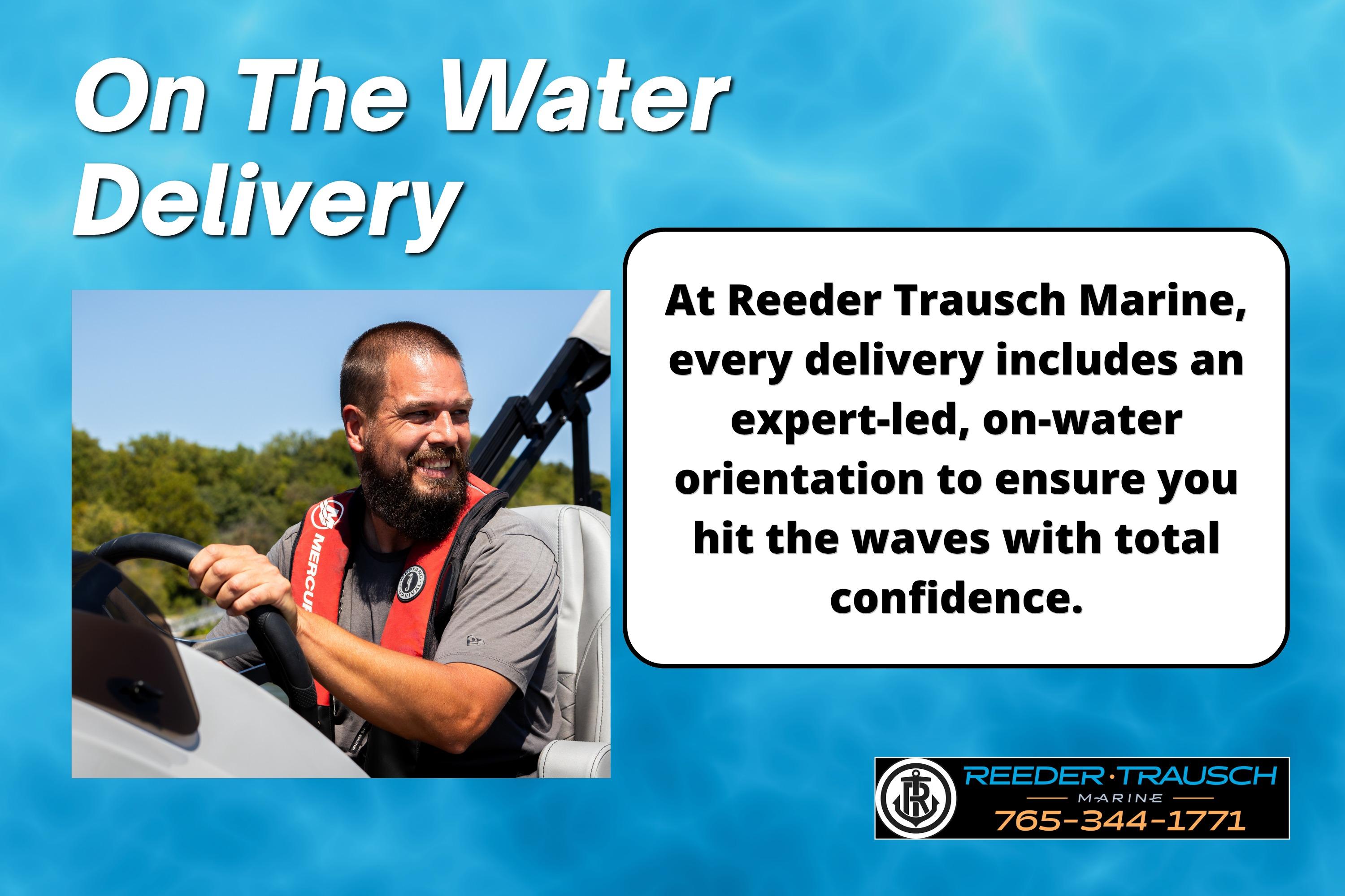 Man steering Avalon 2585 Excal VRBW boat, promoting Reeder Trausch Marine's expert-led delivery service.