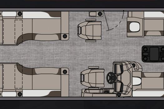 2026 Tahoe Pontoon LTZ Quad Lounger Shift 23 interior layout, featuring spacious seating and helm.