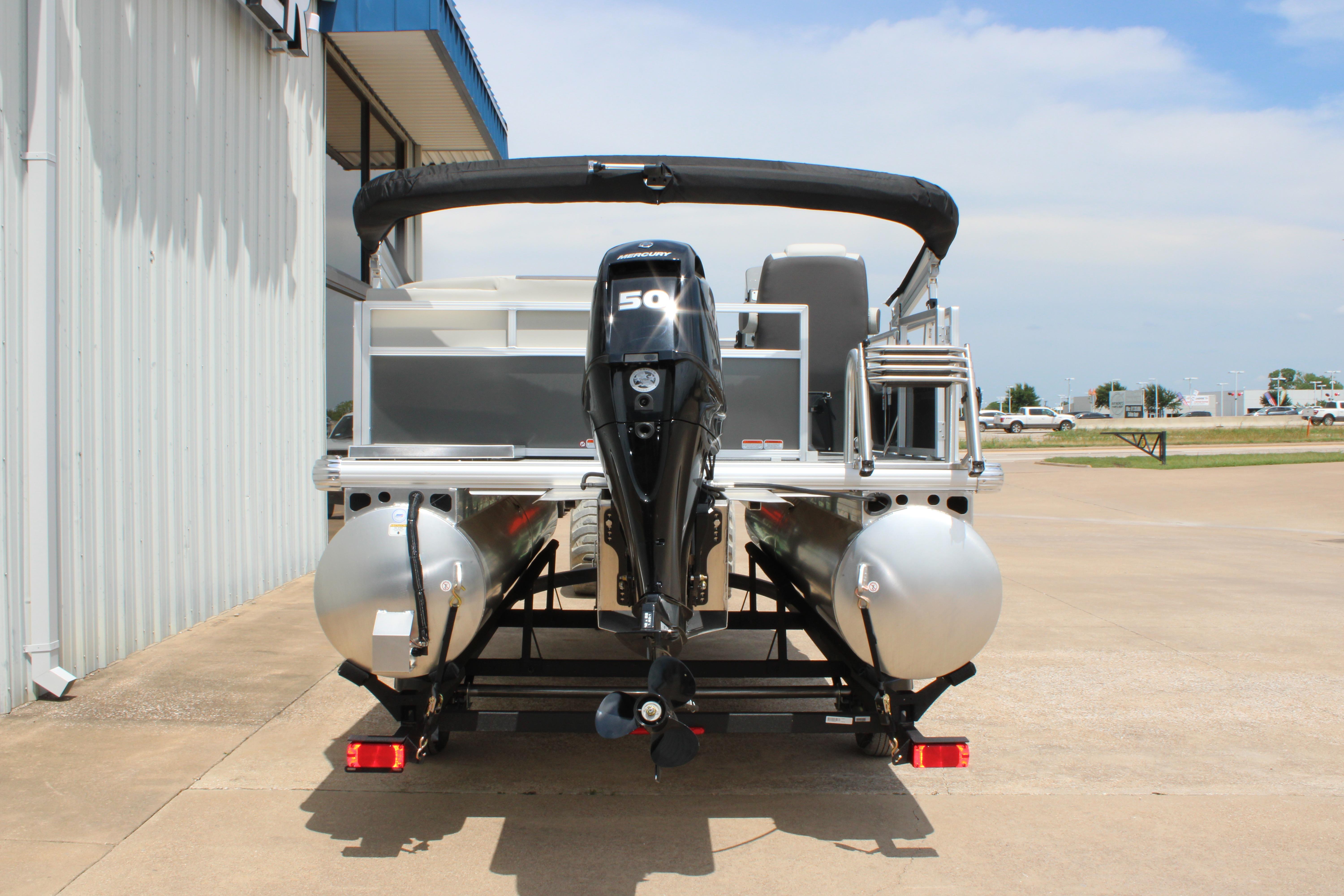 2026 Sun Tracker Bass Buggy 16 XL Select pontoon boat, rear view with motor.