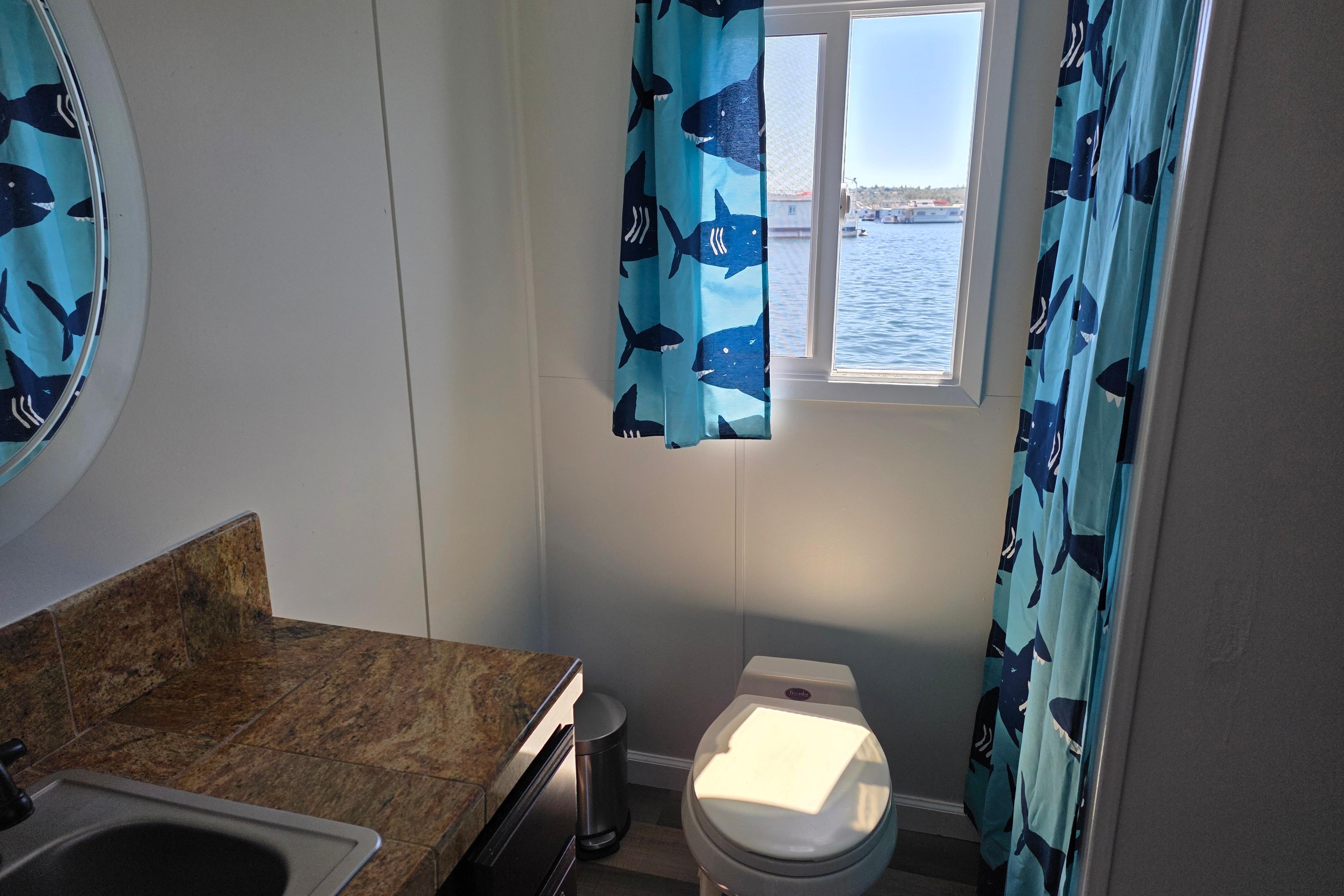 Houseboat bathroom with shark-themed curtains, window view, and modern fixtures, 2007 Custom model.