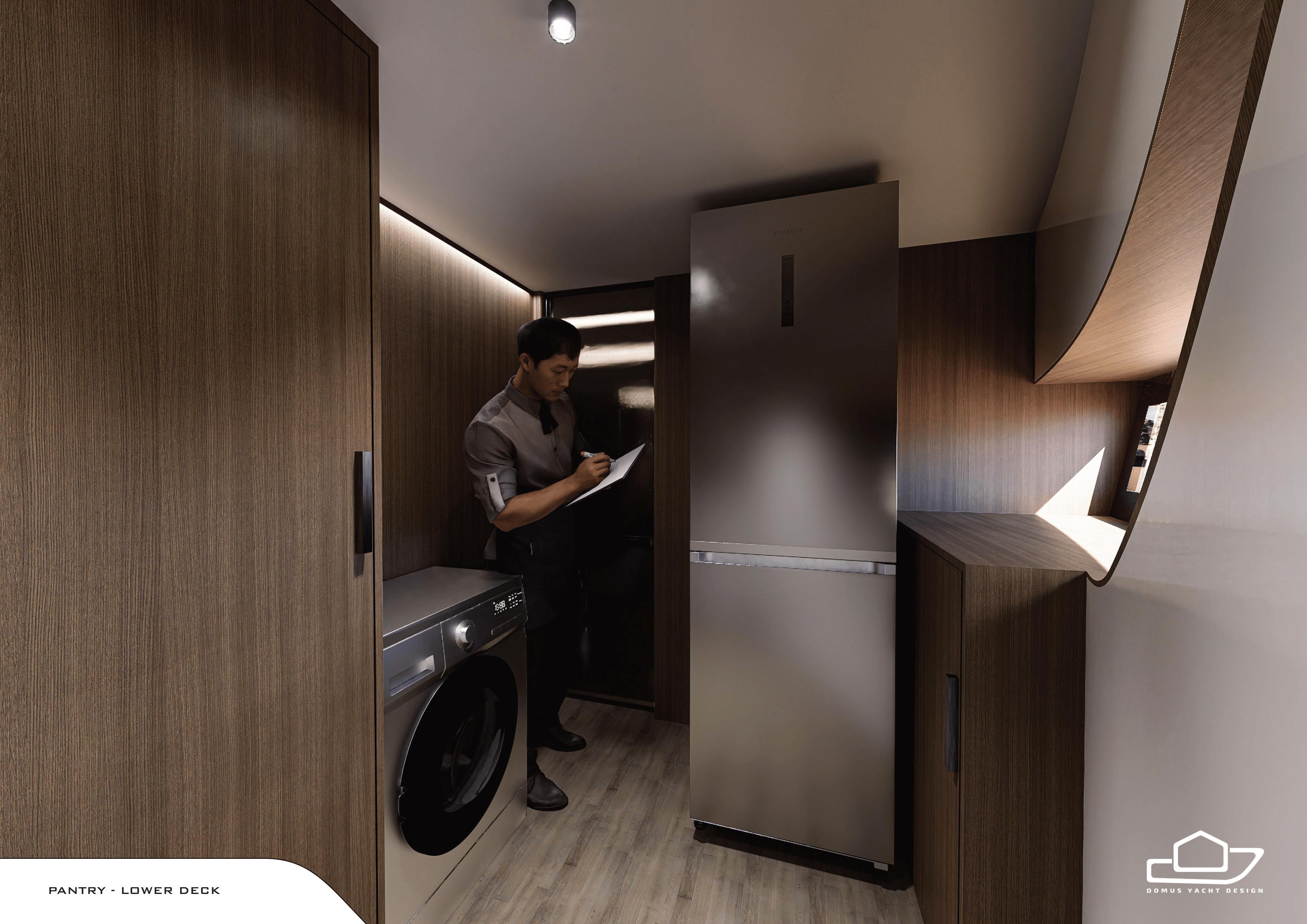 Lower deck pantry of 2025 Domus 90 yacht with modern appliances and wood finish.