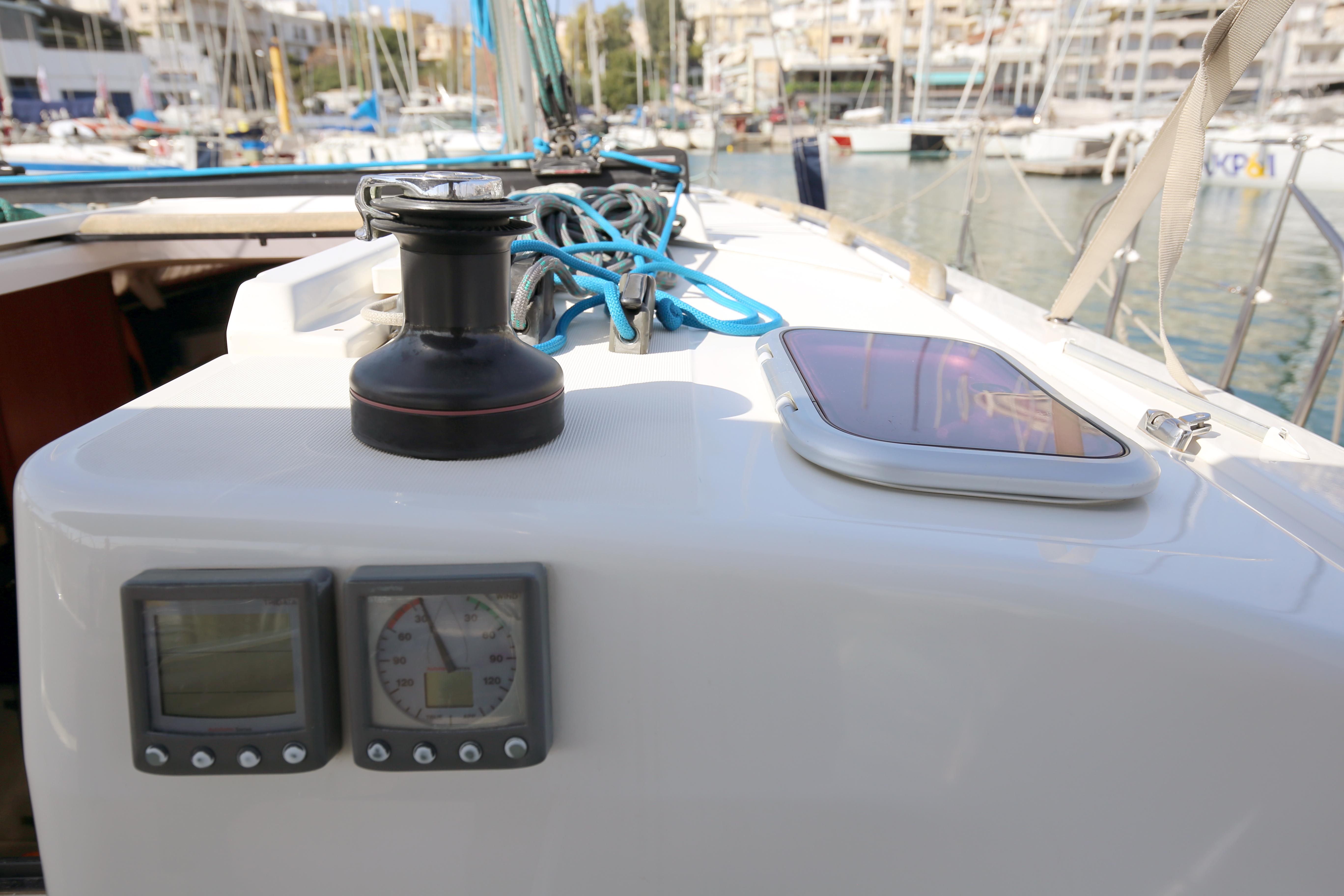 Dufour 425 Grand Large 2007 yacht deck with winch and navigation instruments.