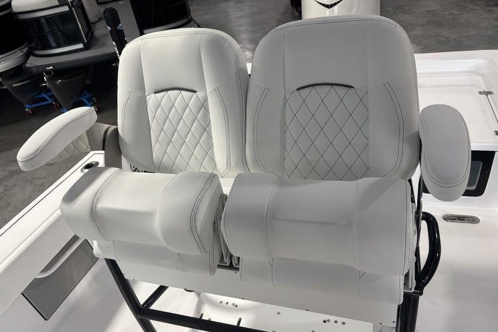 Luxury seating on 2026 Sportsman Masters 247 Bay Boat with diamond-stitched upholstery.