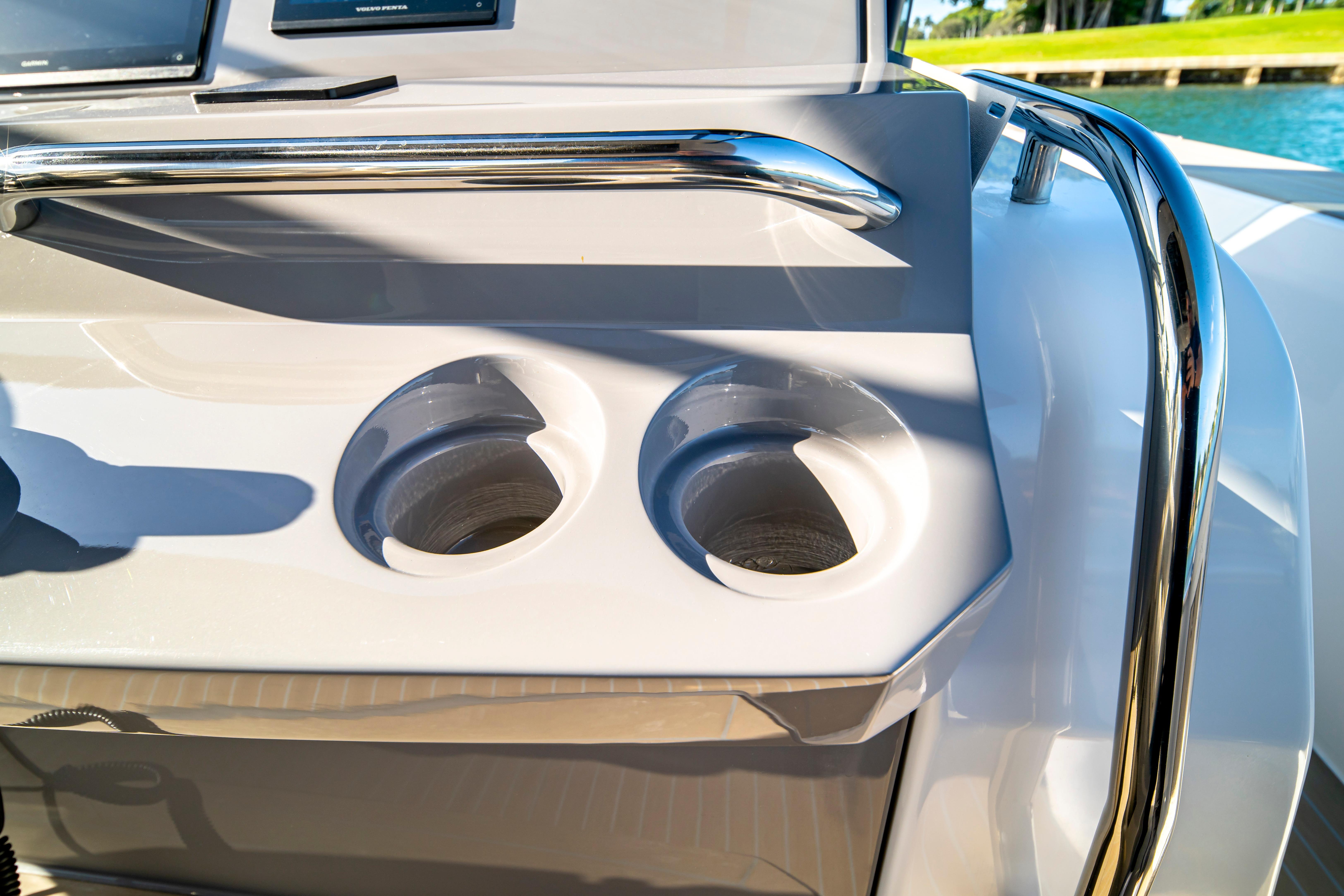 2024 Pardo Yachts P43 cup holders and railing detail on deck.