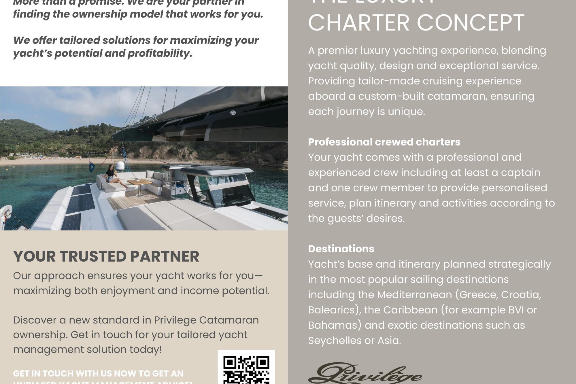 Luxury yacht charter concept with Prestige M48, 2024 model, offering tailored cruising experiences.