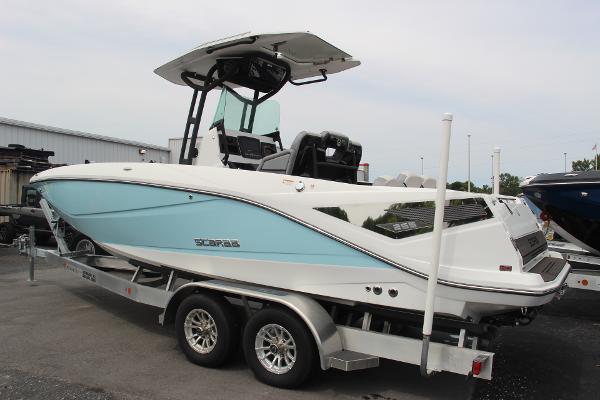 2023 Scarab 255 Open ID boat on trailer, side view.