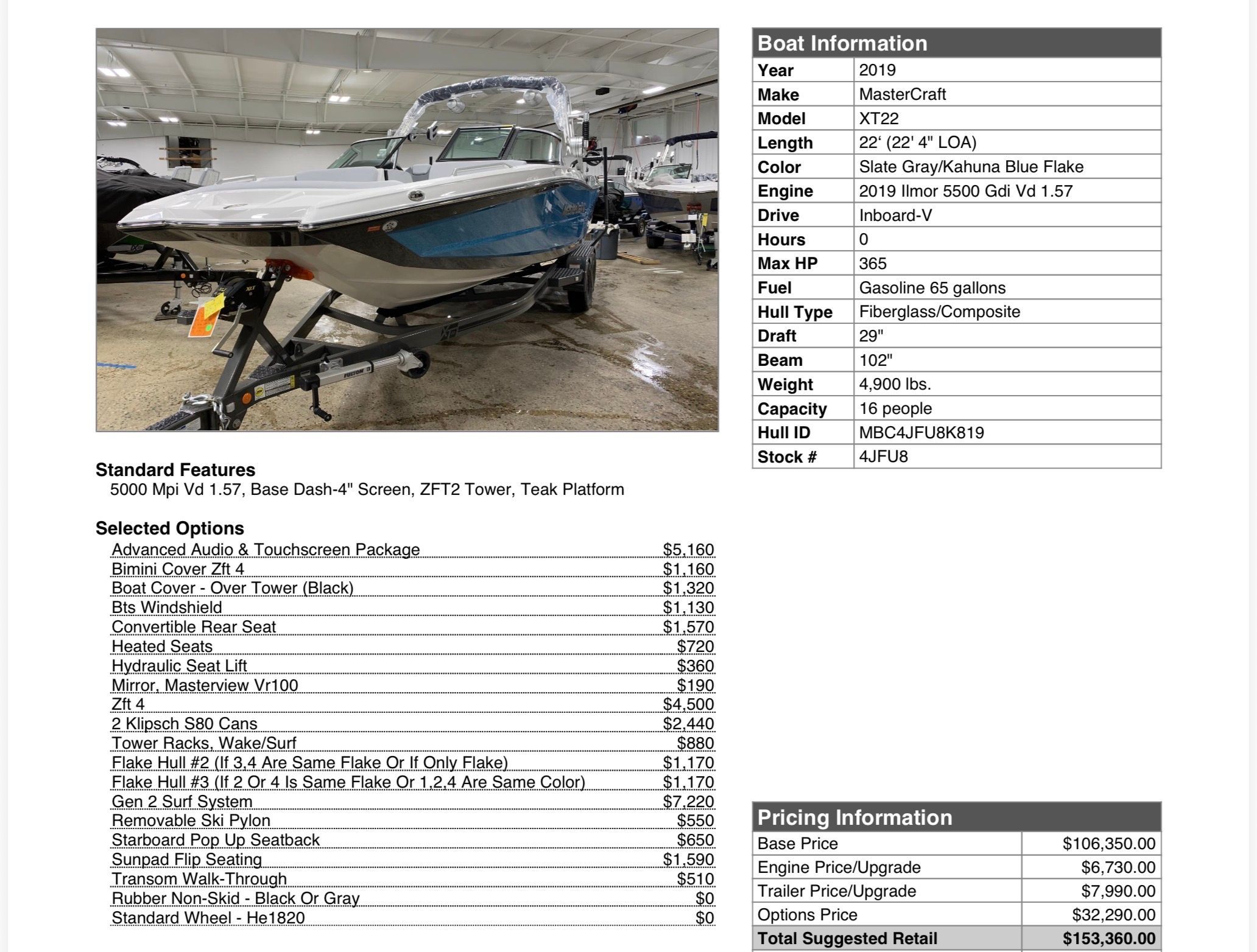 MasterCraft XT22 from 2019 in a warehouse on a trailer.