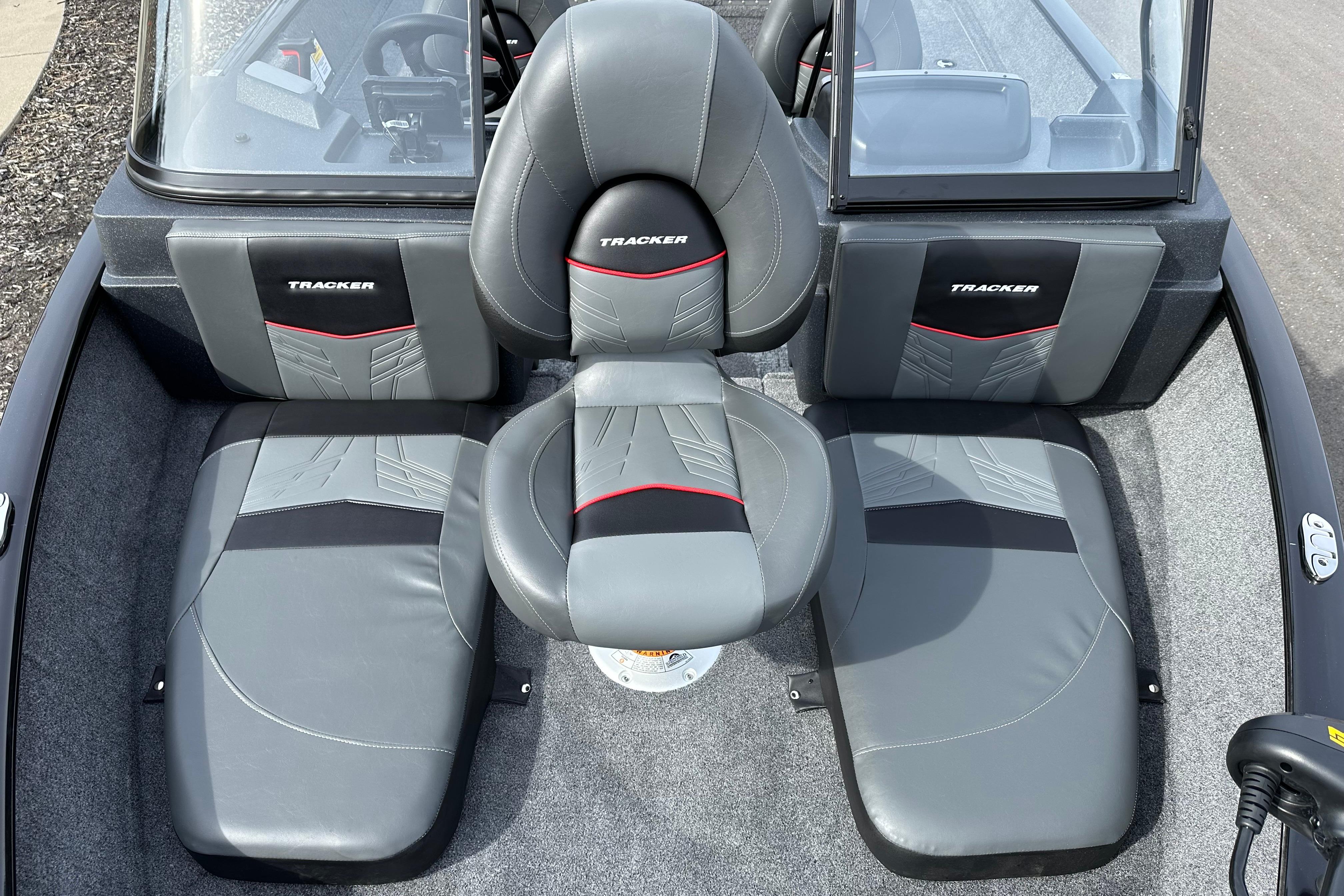 2026 Tracker Pro Guide V-175 Combo boat interior with gray seating and Tracker branding.