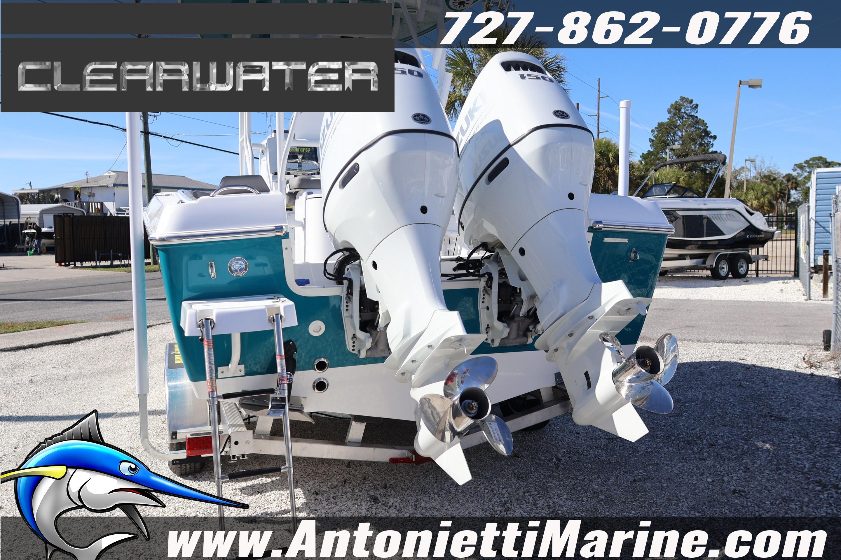 Clearwater 2300 boat with dual engines, displayed at Antonietti Marine dealership, 2026 model.