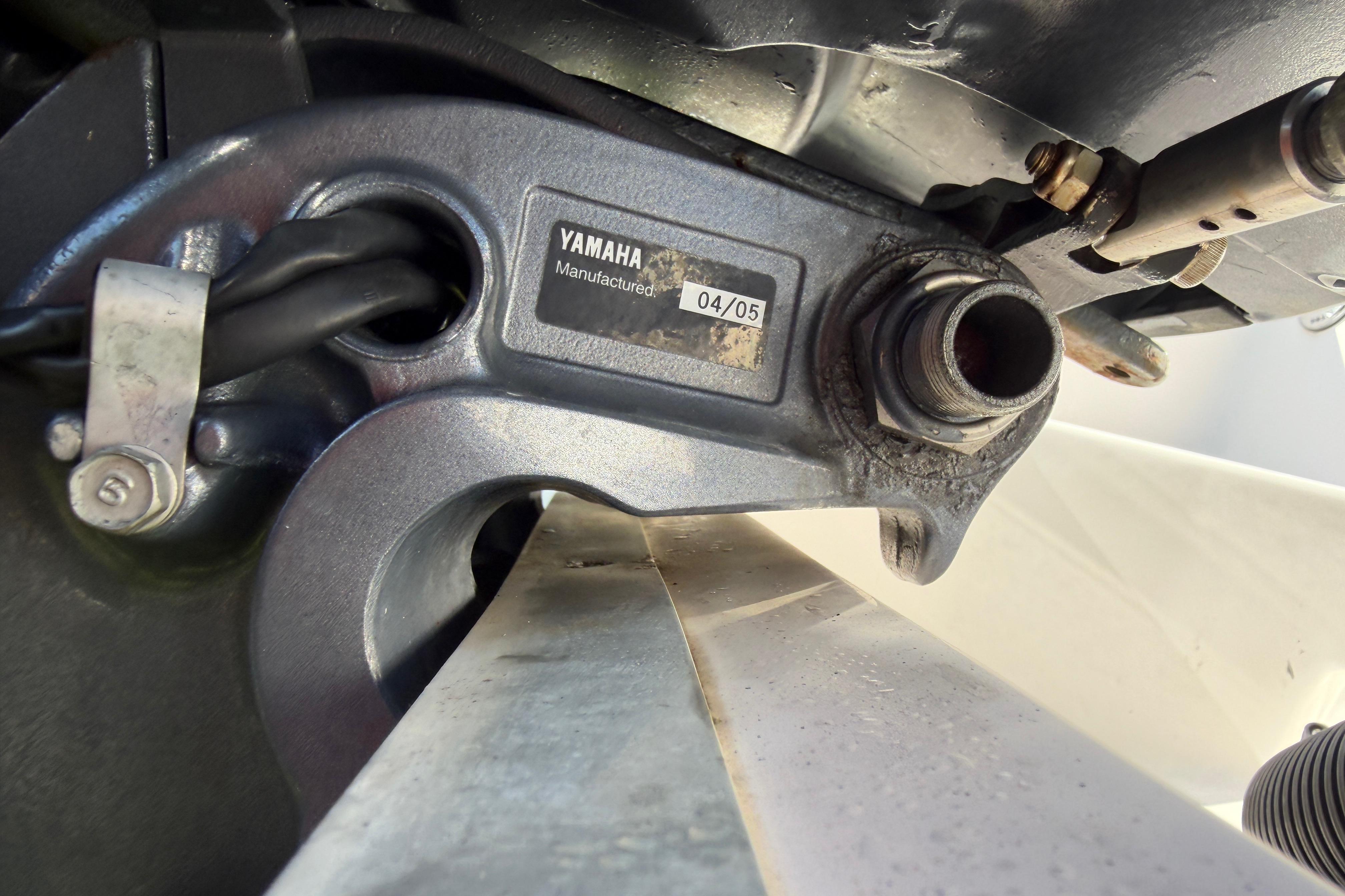 Close-up of Yamaha engine part on 2006 Grady-White Sailfish 282 boat.