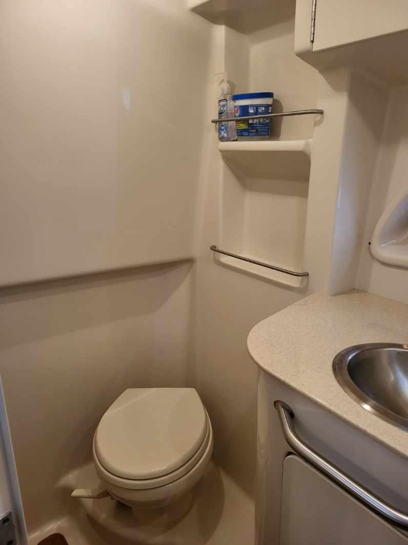 Compact bathroom in 2009 Sea Ray 310 Sundancer yacht with toilet and sink.