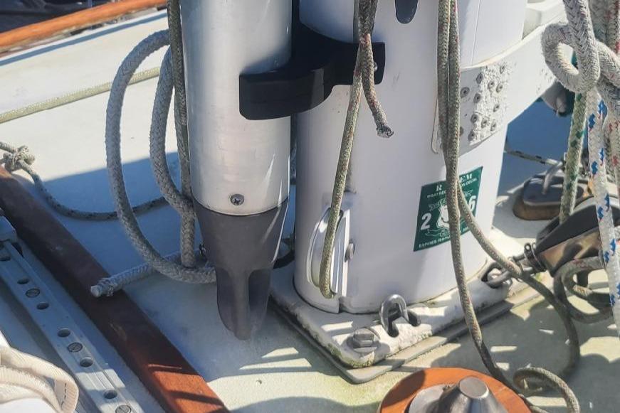Close-up of 1985 Tayana 37 sailboat deck with rigging and fittings.
