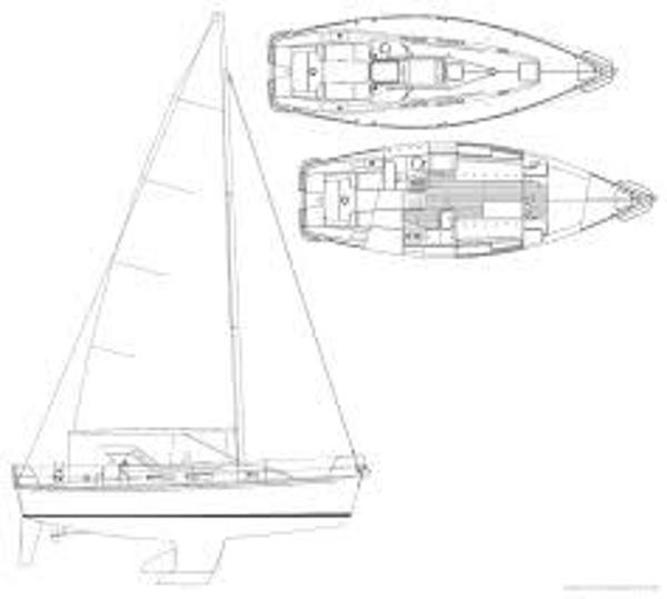 Drawing of a 2001 J/32 sailboat with deck and interior layout.