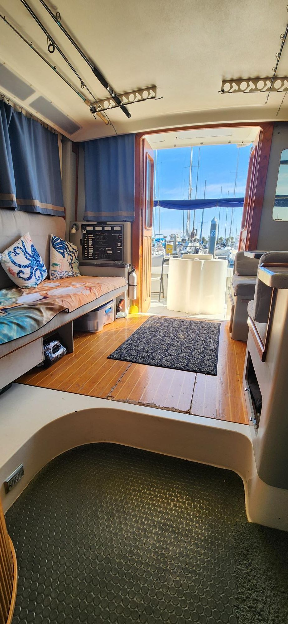 Interior of a 1990 Luhrs 320 yacht docked at harbor.
