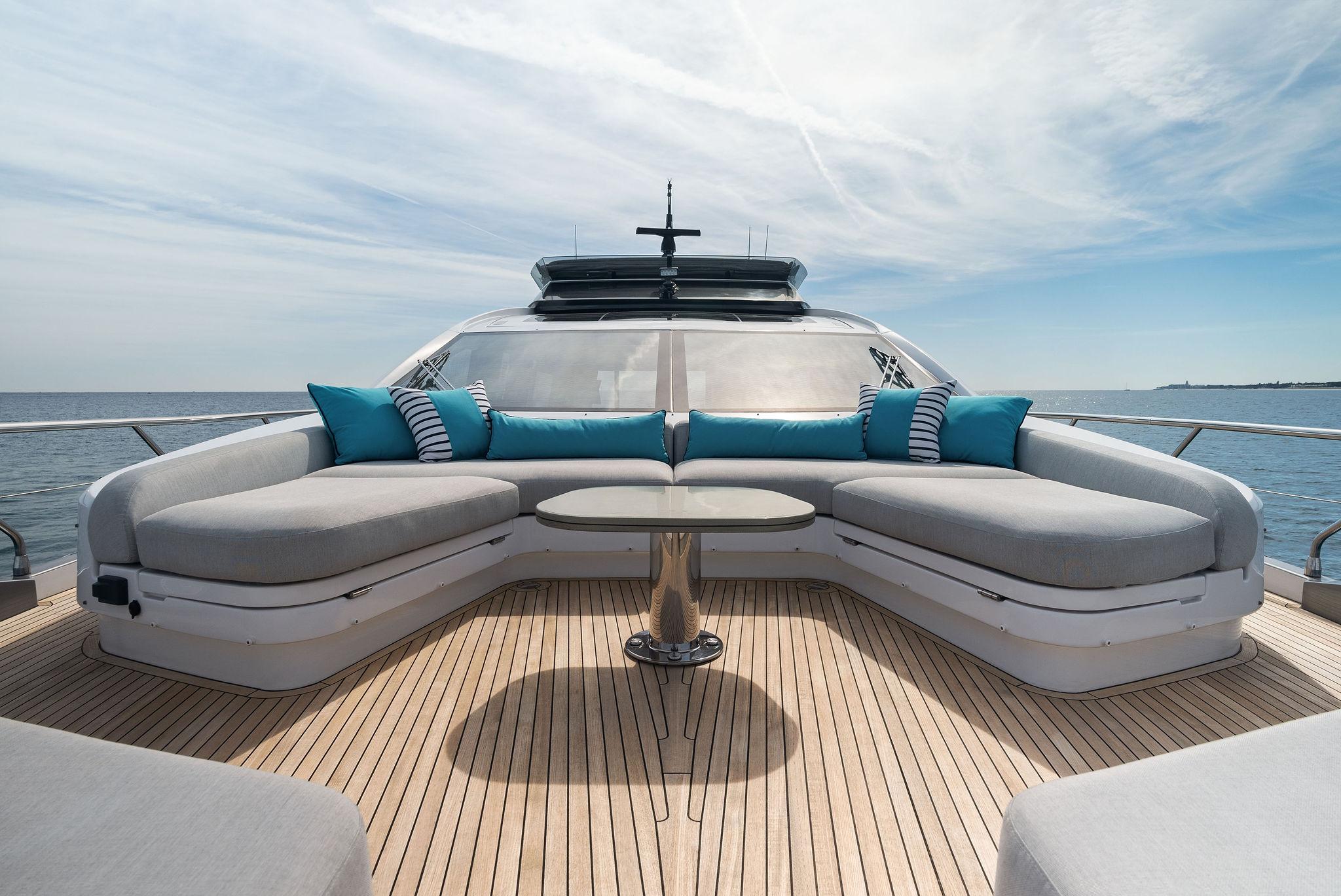 Luxurious 2022 Azimut S8 yacht deck with elegant seating and ocean view.