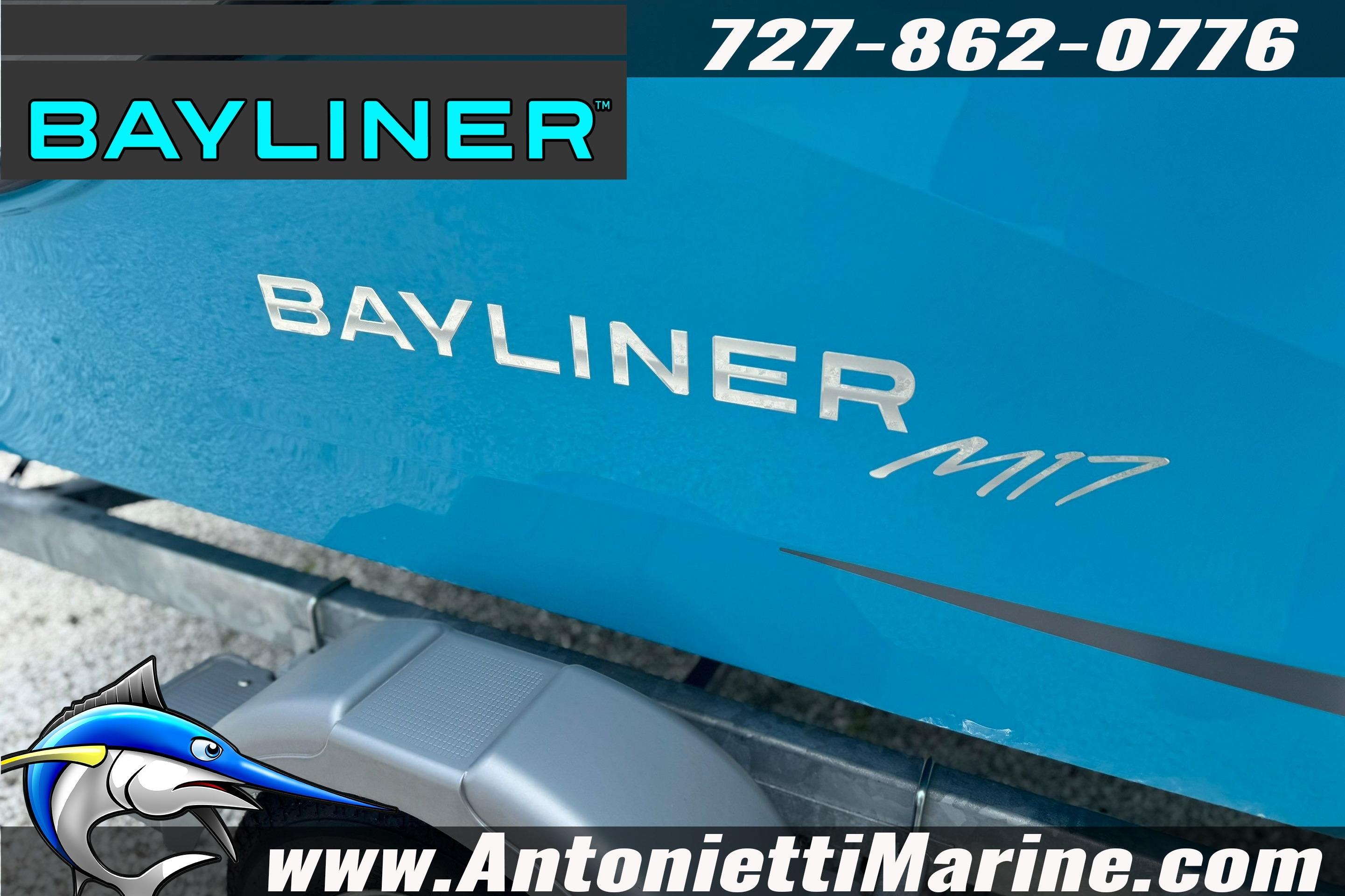 2026 Bayliner Element M17 boat with branding and contact details.