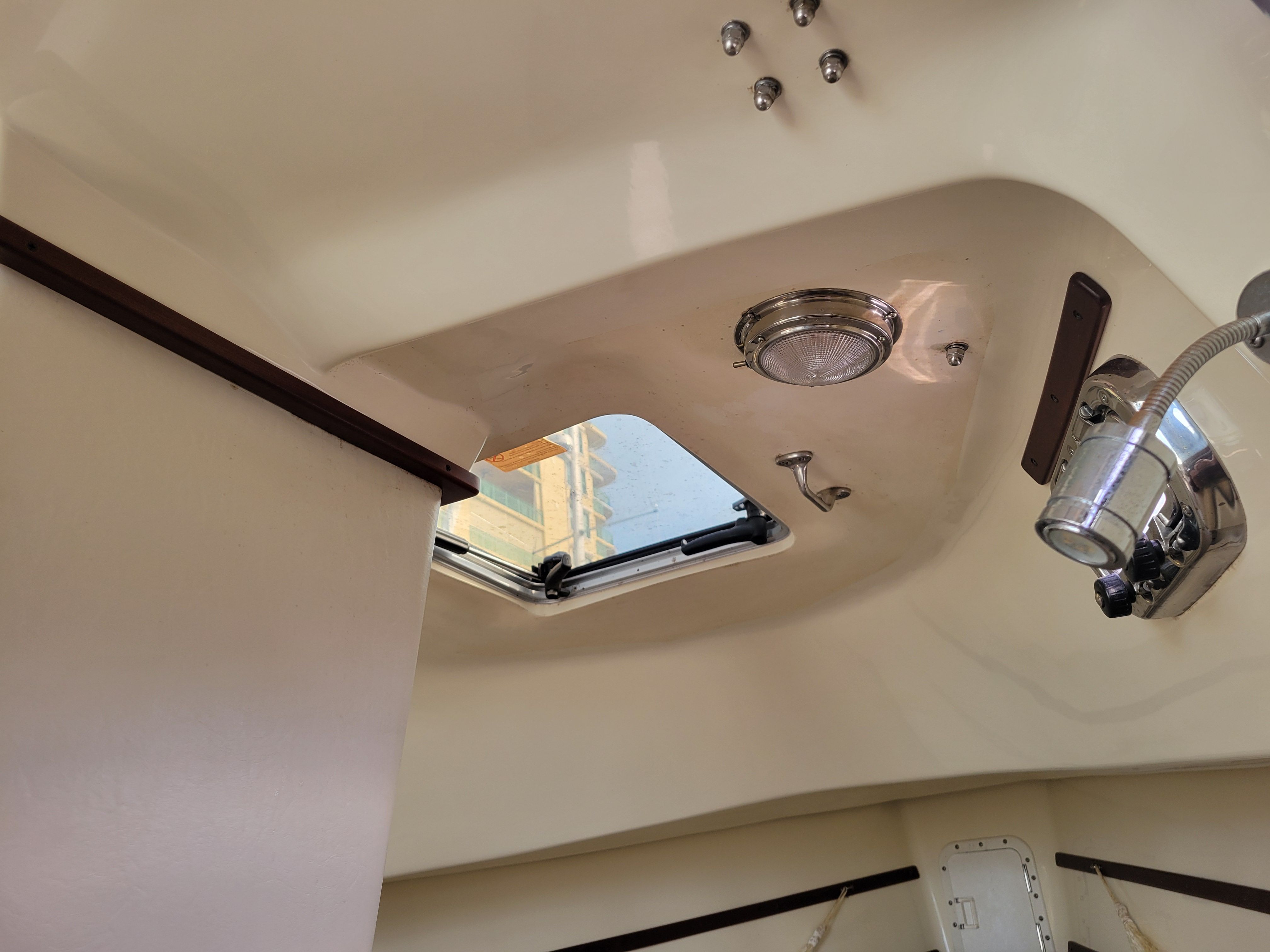 Interior of a 2018 Hake Seaward 26 RK boat with skylight.