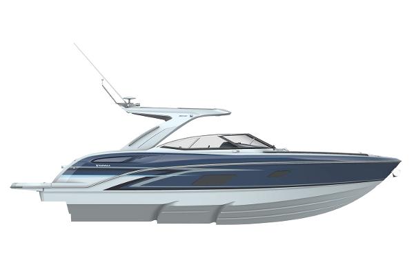 Manufacturer Provided Image: 2026 Formula 360 Crossover Bowrider I/O, sleek blue and white design, side view.