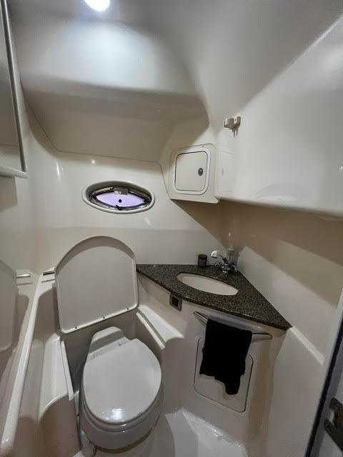 Interior of 2006 Sea Ray 44 Sundancer, bathroom view.