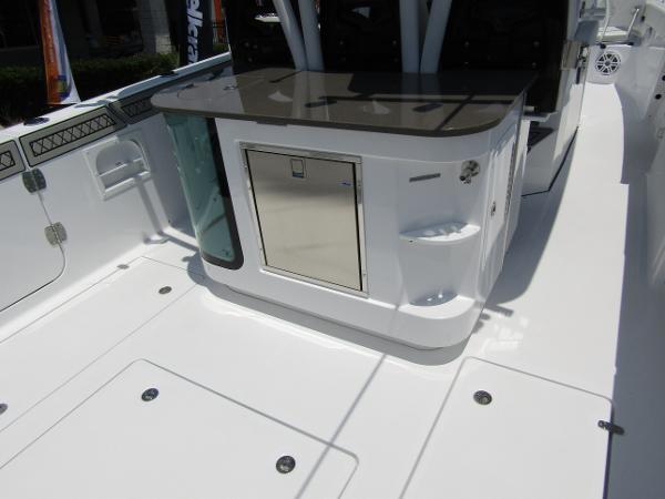2024 Wellcraft 352 Fisherman boat interior with storage and counter space.