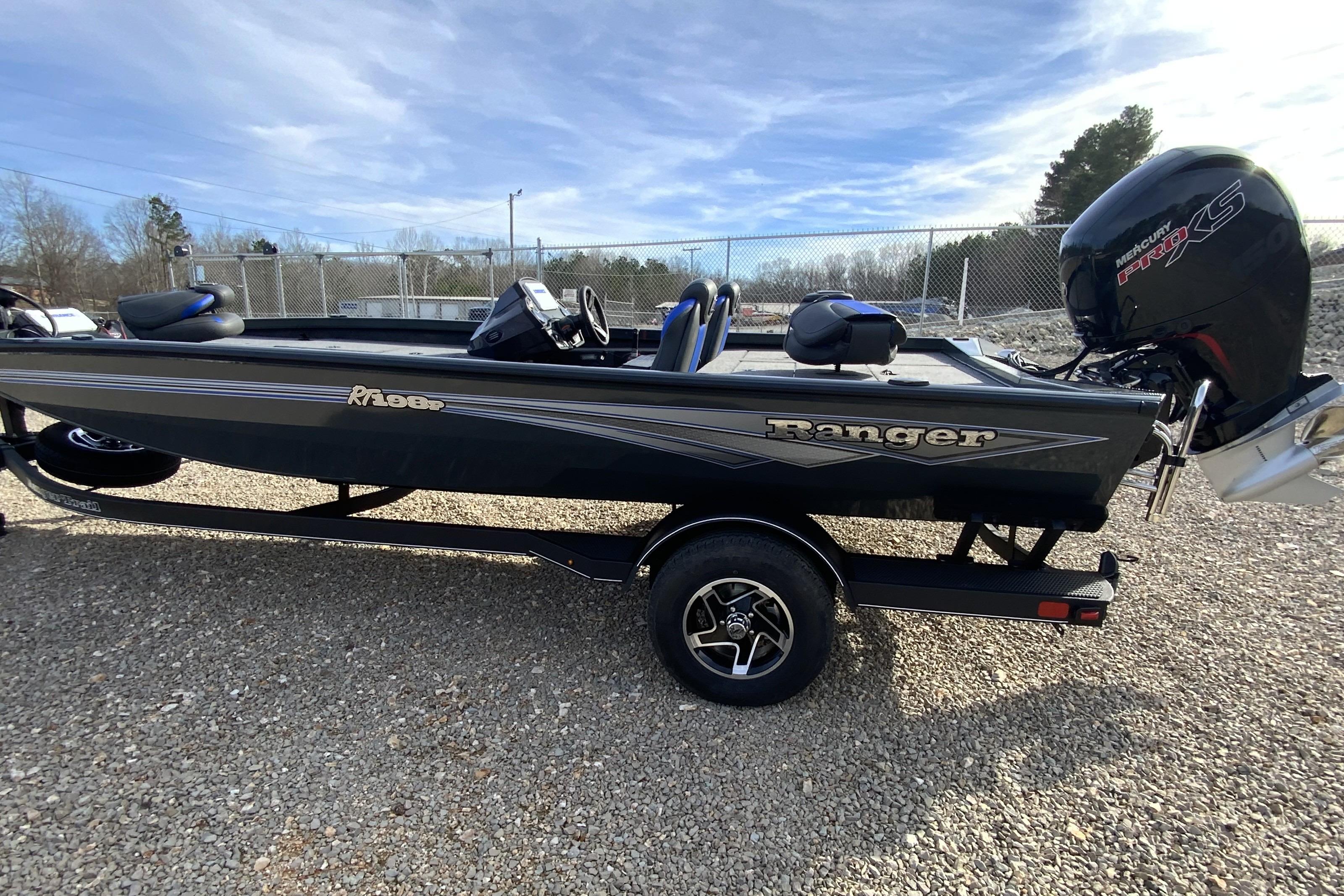 2026 Ranger RT198P boat on trailer, featuring sleek design and powerful Mercury engine.