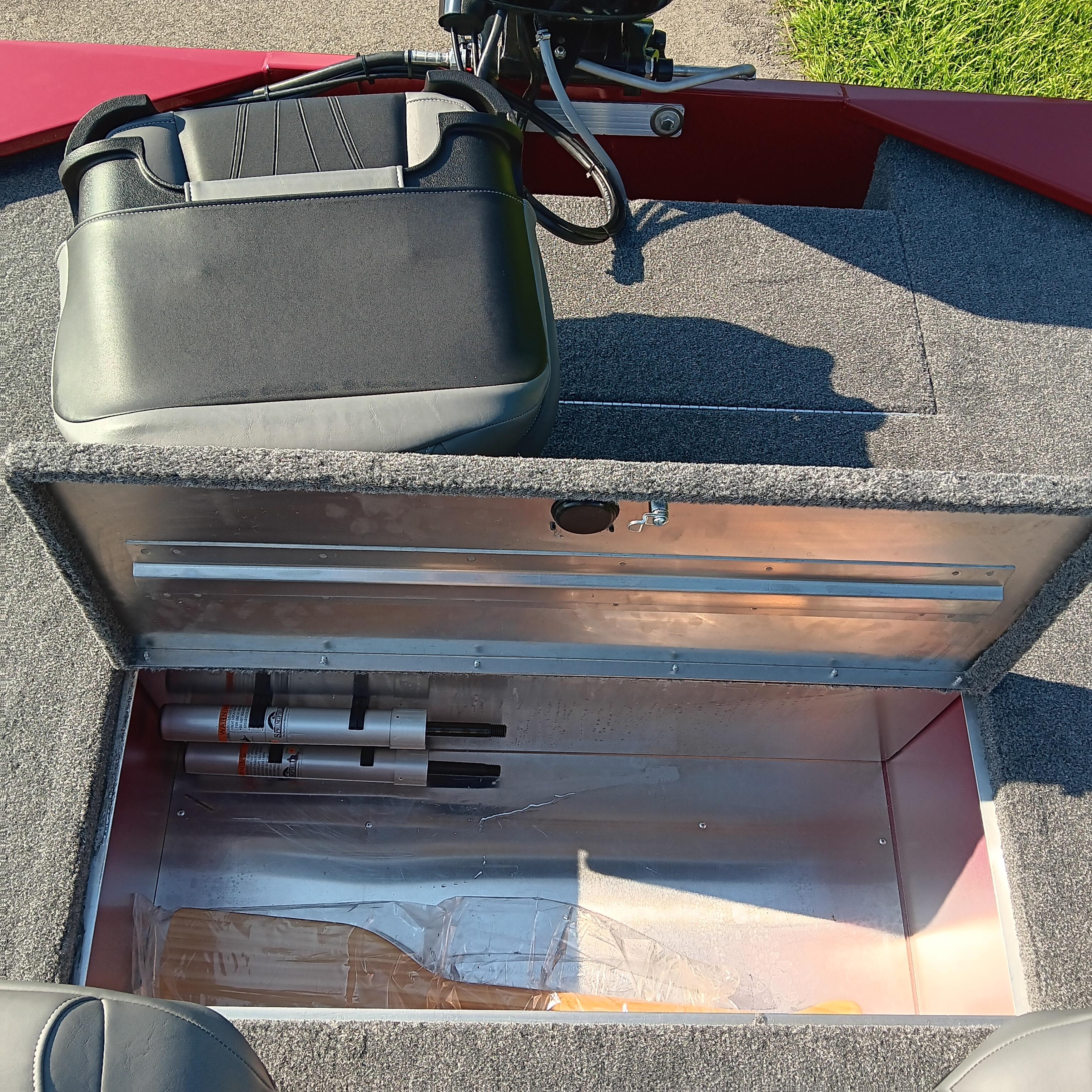Open storage compartment in 2026 Tracker Bass Tracker Classic XL boat.