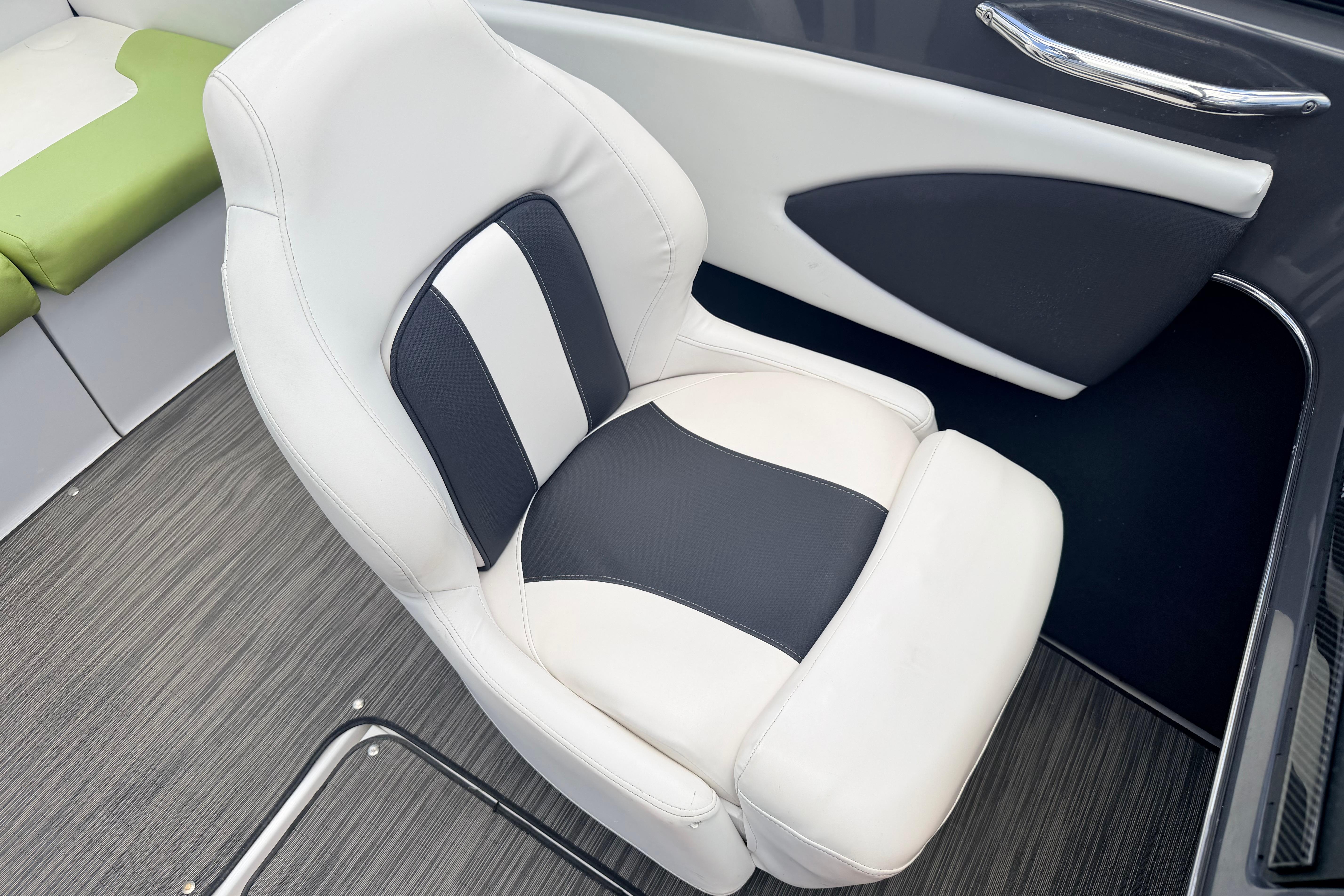 2018 Glastron GT 185 boat interior with stylish white and black seating.
