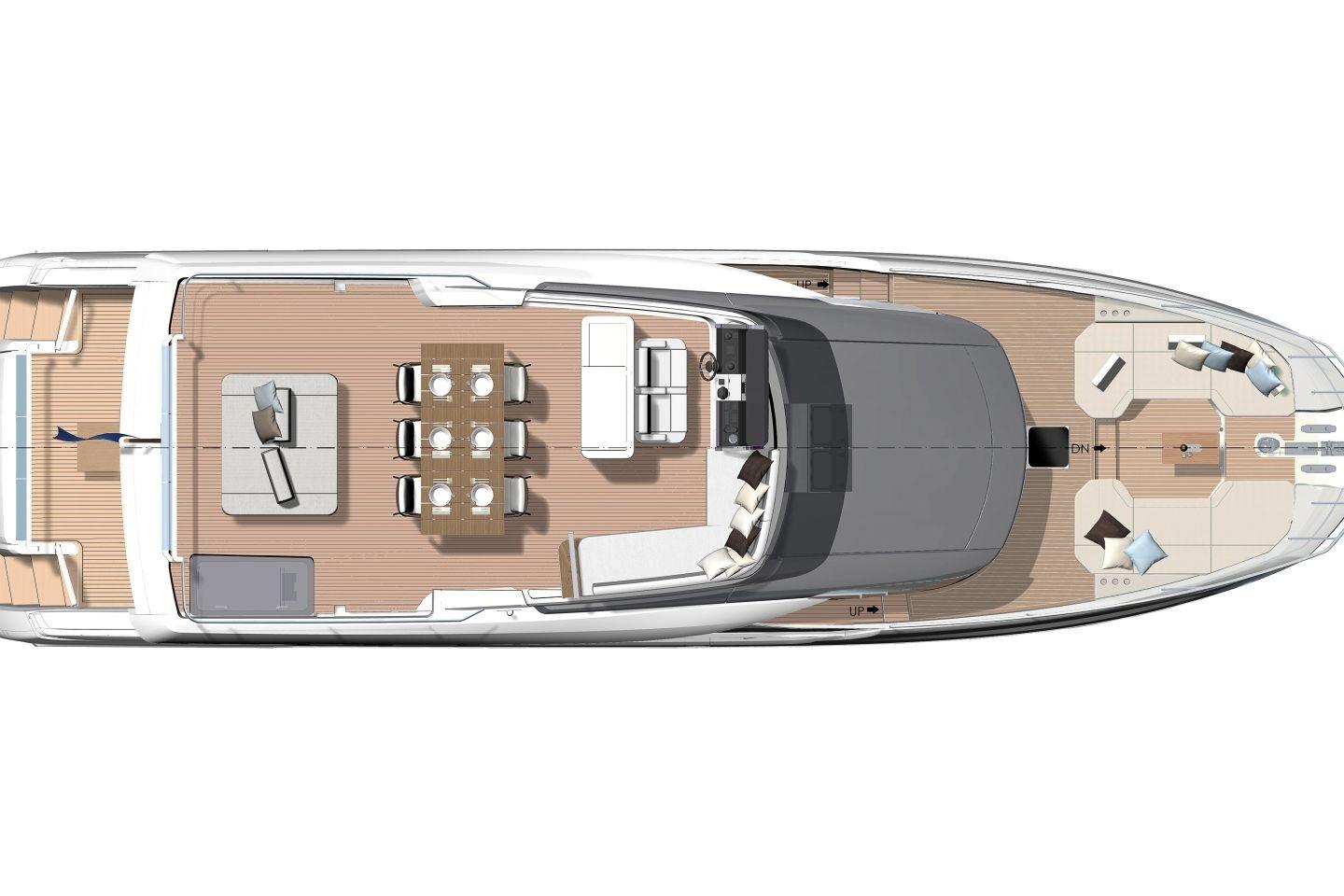 Top view of 2026 Prestige X60 yacht layout with seating and dining areas.