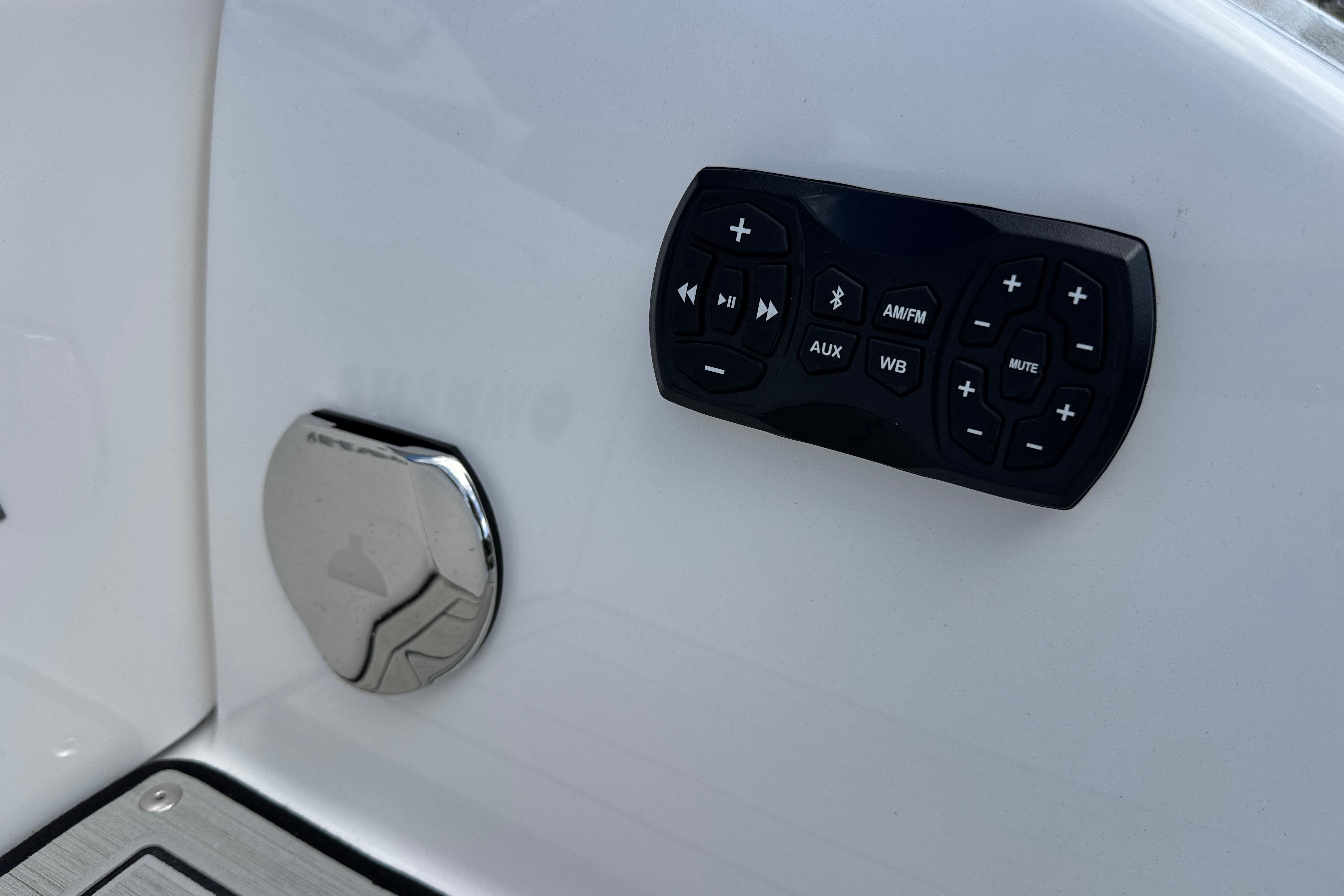 Control panel on 2026 Yamaha Boats 275SD, featuring audio and connectivity options.