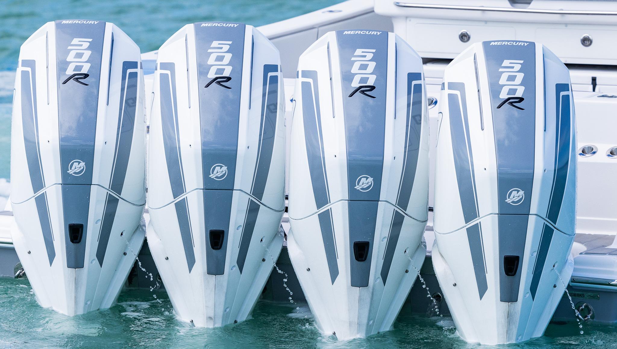 Four Mercury 500R outboard engines on a 2025 Blackwater 43 Sportfish boat.