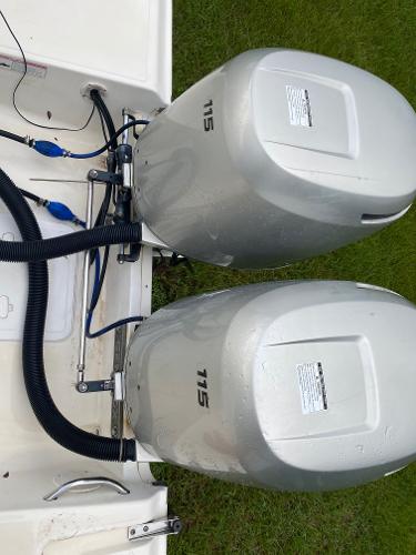 Twin outboard motors on a 2008 Sea Fox 236WA Pro Series boat.