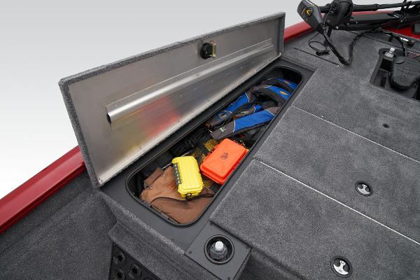 Manufacturer Provided Image: 2025 Tracker Pro Team 195 Tournament Edition storage compartment with fishing gear and accessories.