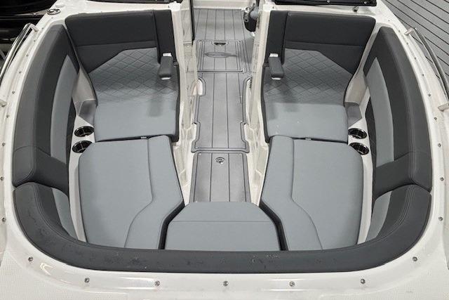 2026 Chaparral SSX 8 boat interior with gray seating and modern design.