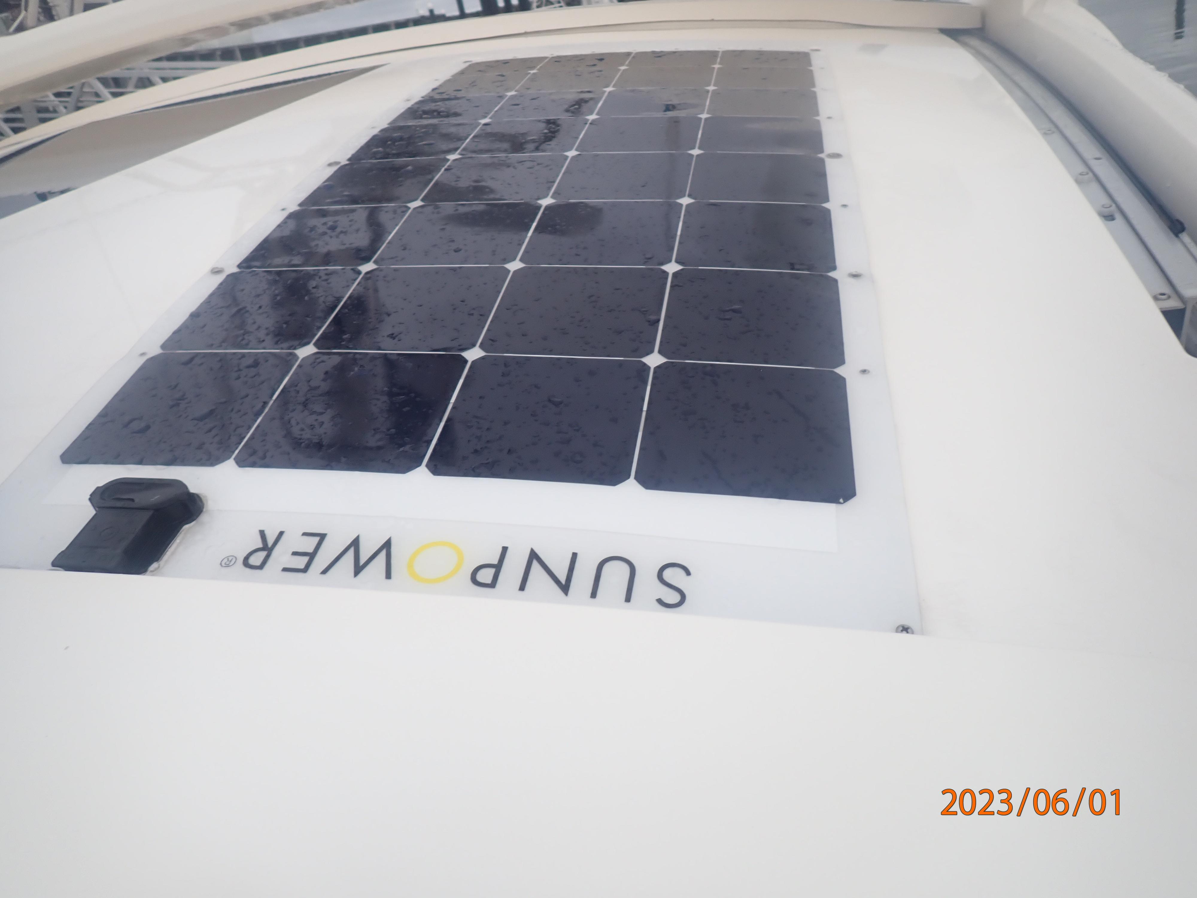 Solar panel on 2007 Fairline Targa 52 GT yacht, labeled "SUNPOWER," photographed on June 1, 2023.