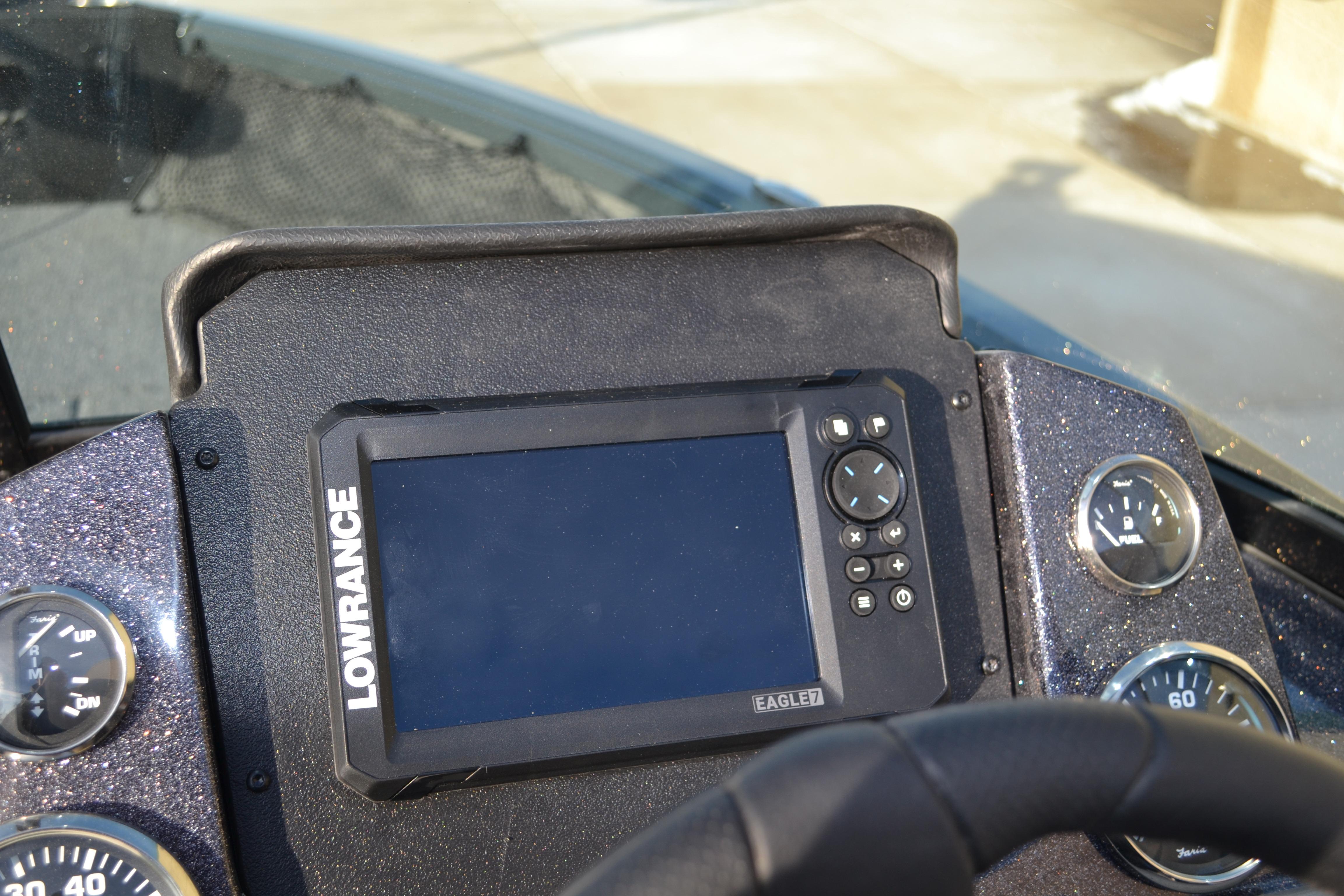 Dashboard of 2026 Ranger VS1882SC Reata with Lowrance Eagle7 display and gauges.