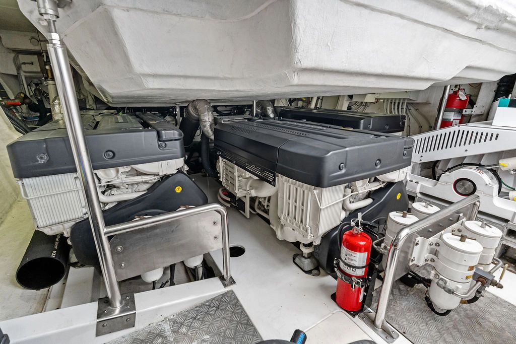 Engine room of the 2018 Azimut 77S yacht featuring two large engines.