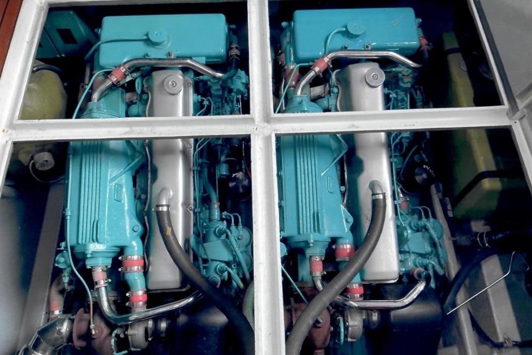 Twin engines of a 1989 Fairey Spearfish MKIII, showcasing intricate mechanical details.
