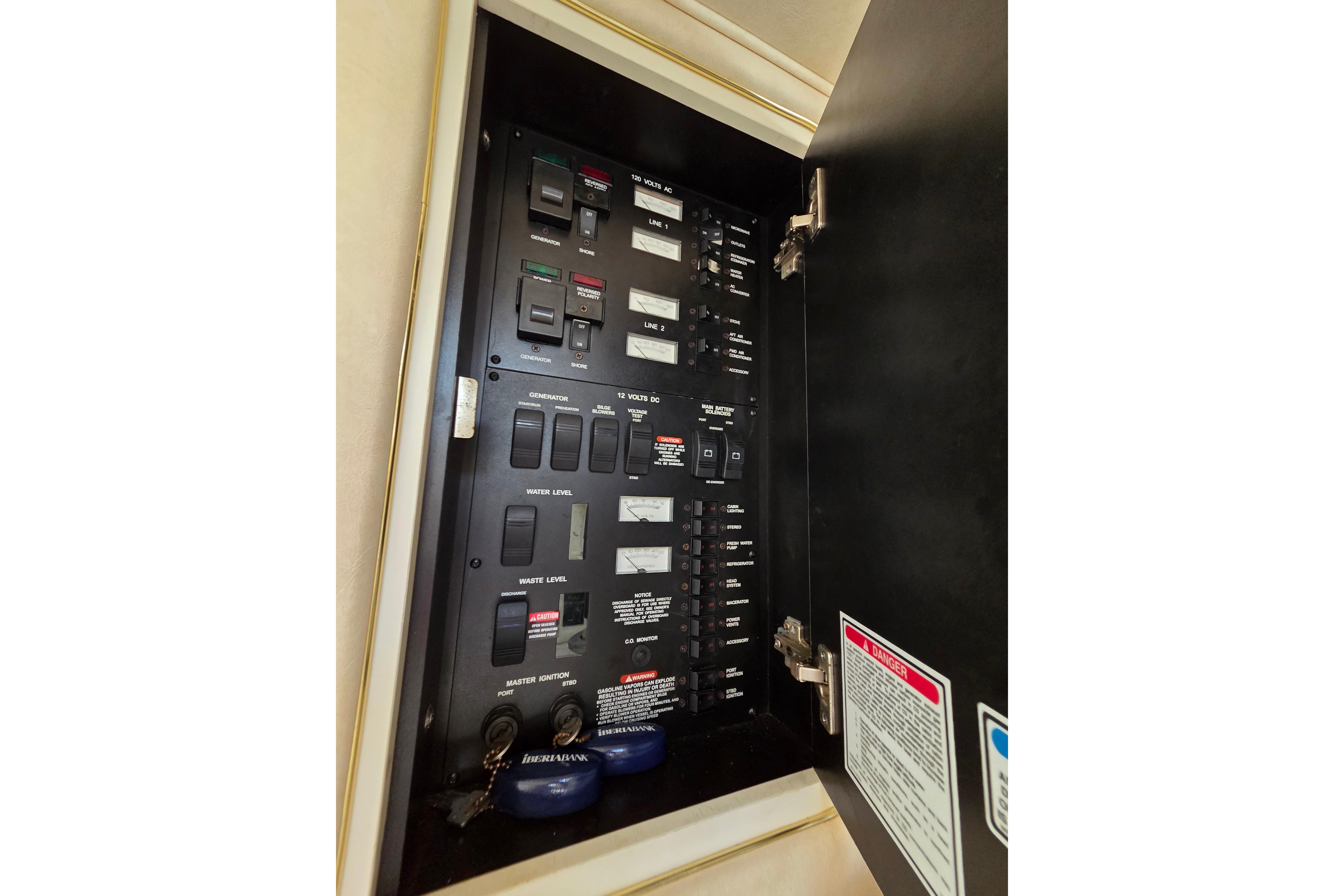 Electrical panel inside a 2000 Sea Ray 340 Sundancer boat.