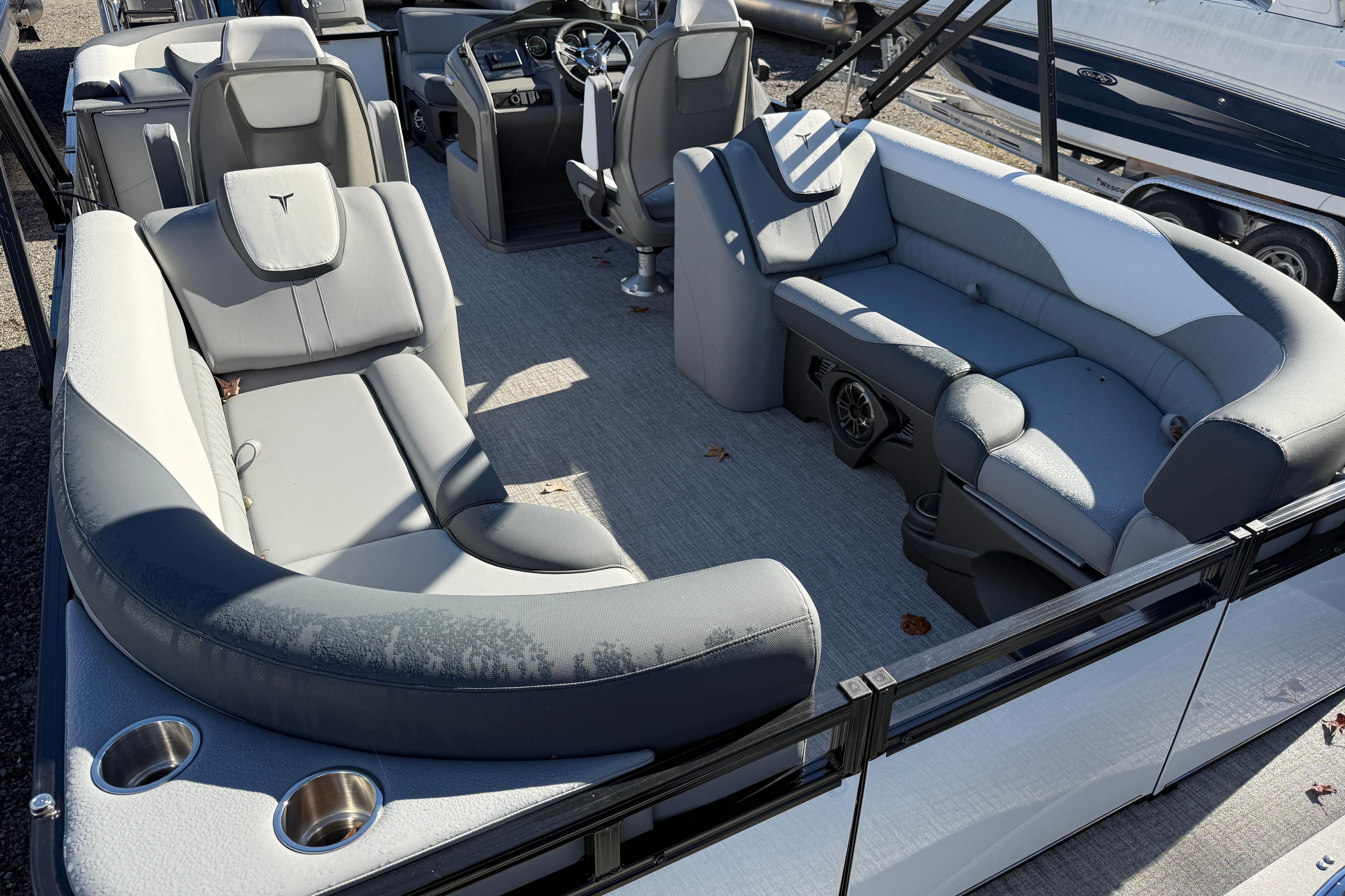 2026 Tahoe Pontoon LTZ Quad Lounger interior with luxurious seating and modern design.