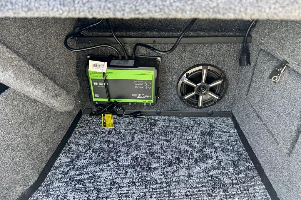 2026 Ranger VS1682SC Angler interior with battery and speaker setup.