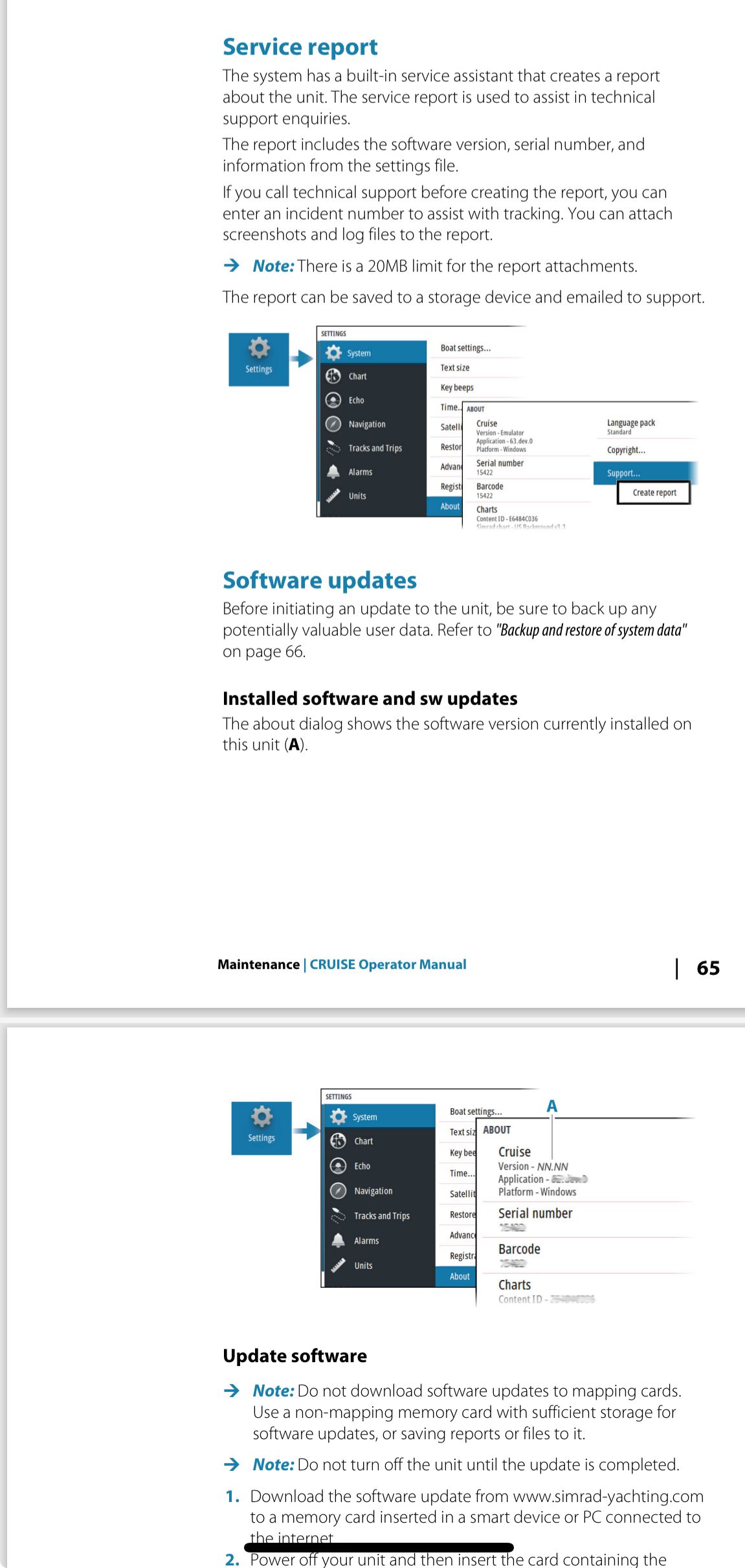 Service report and software updates in CRUISE manual.