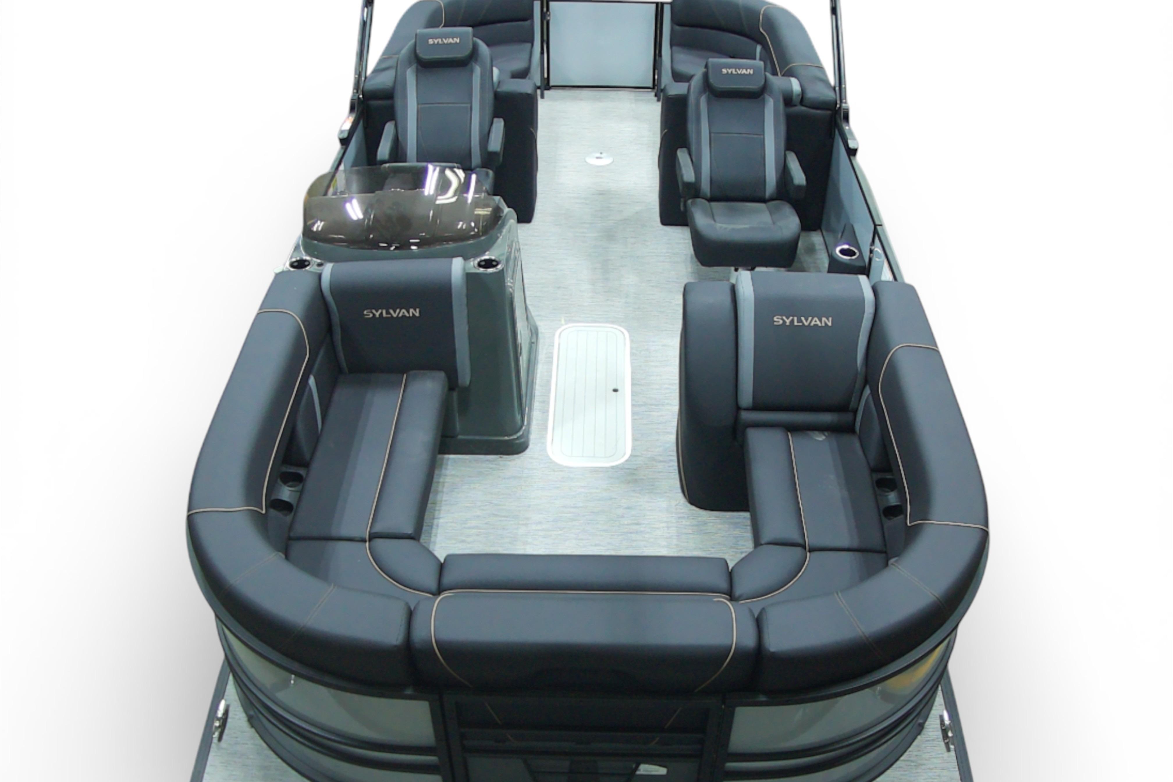2026 Sylvan MIRAGE X-3 pontoon boat interior with luxurious seating and modern design.