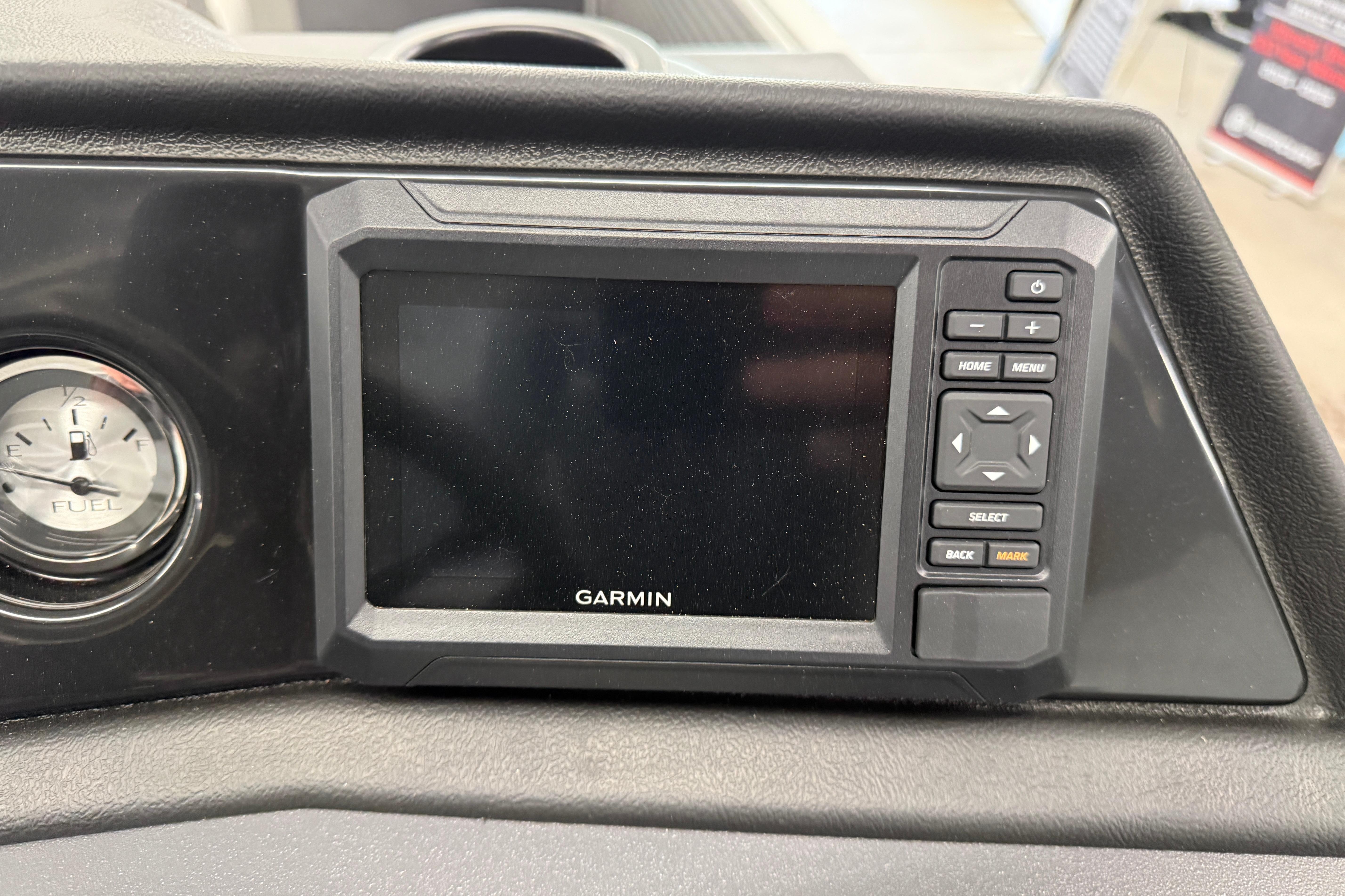 Garmin display and fuel gauge on 2026 Bennington 20 SF boat dashboard.