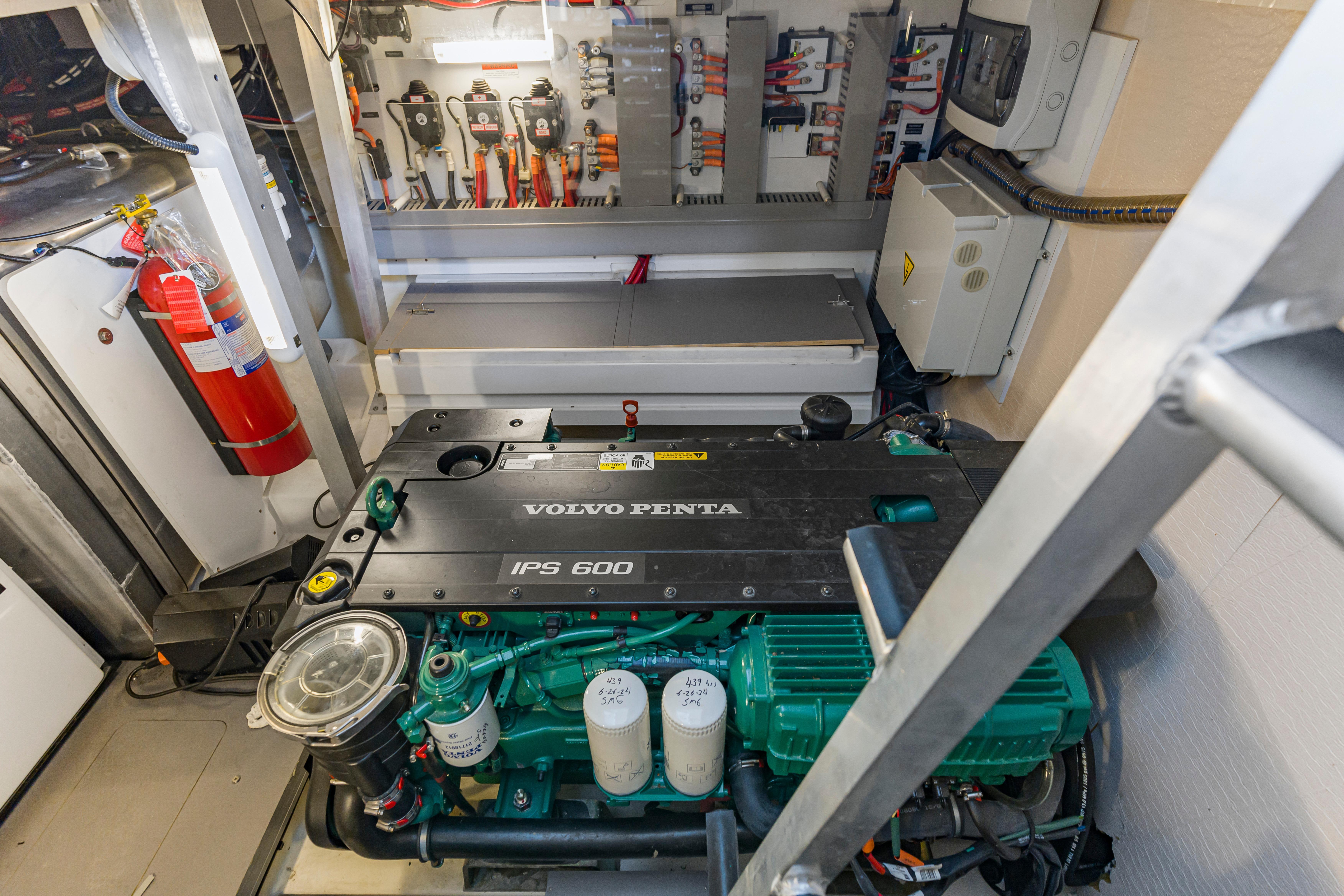 Engine room of a 2017 Prestige 500 yacht with Volvo Penta IPS 600 engine.